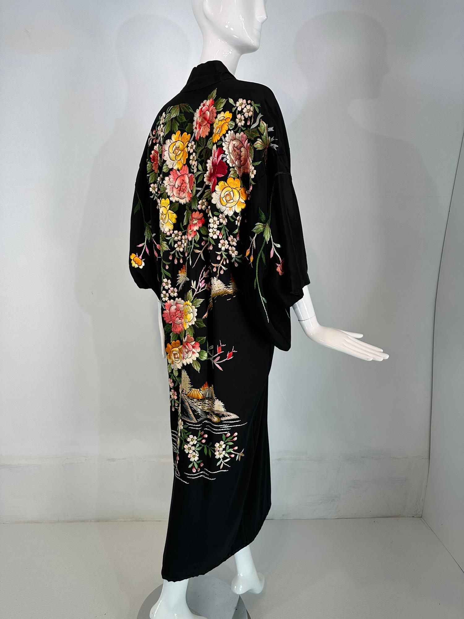 Vintage Black Rayon Heavily Floral Embroidered Kimono Robe 1930s-40s For Sale 6