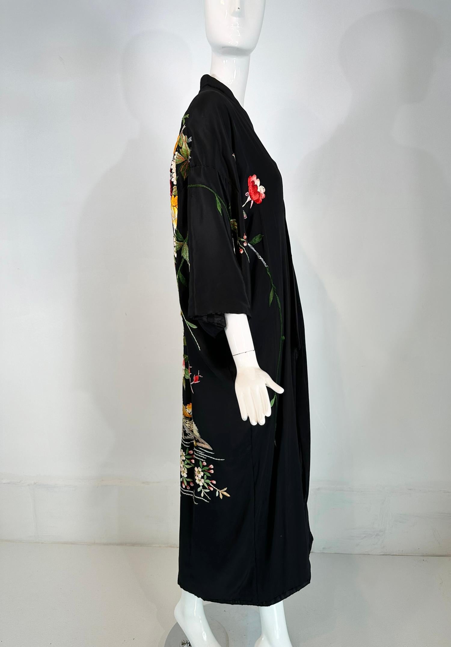 Vintage Black Rayon Heavily Floral Embroidered Kimono Robe 1930s-40s For Sale 8