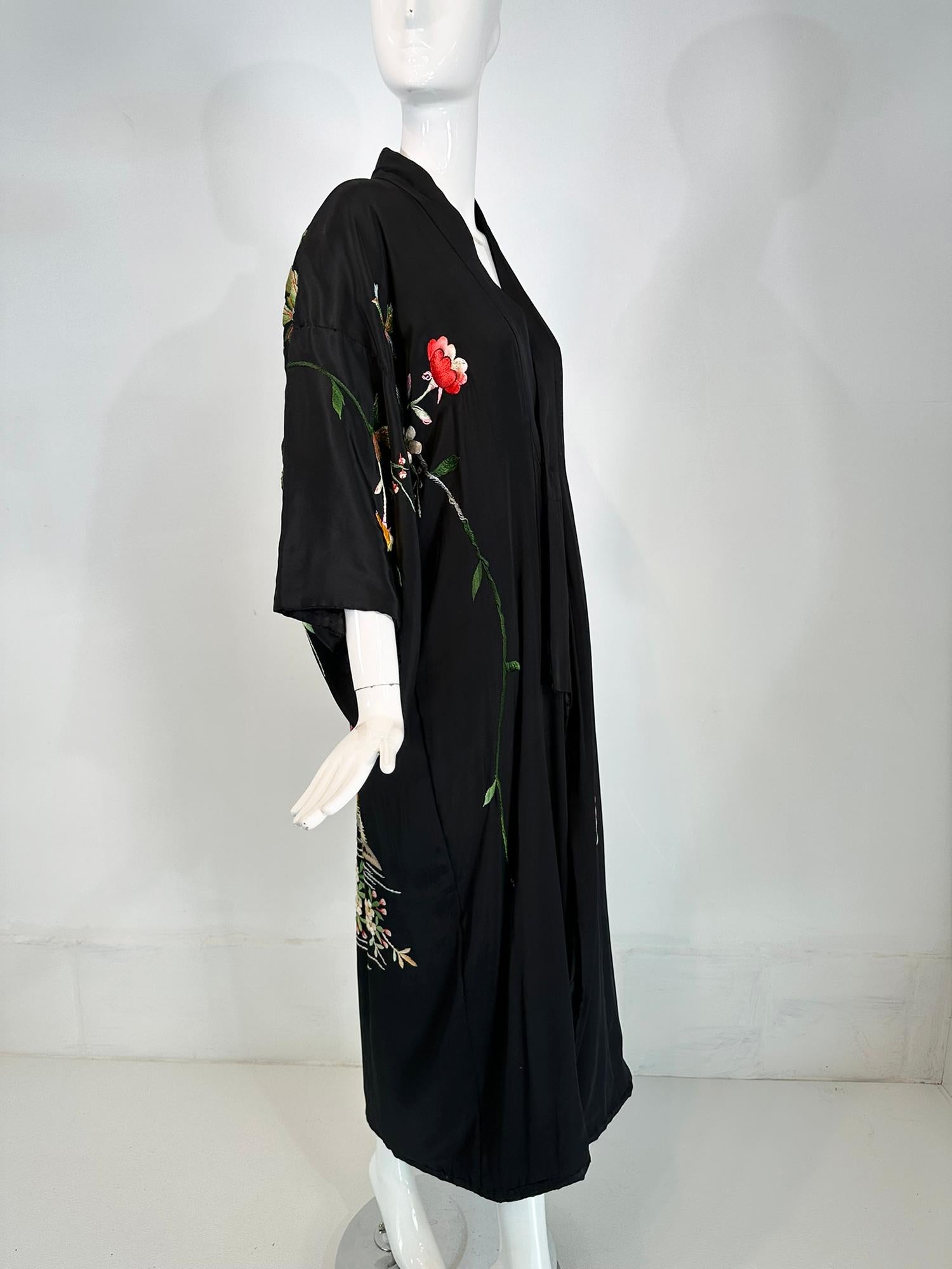 Vintage Black Rayon Heavily Floral Embroidered Kimono Robe 1930s-40s For Sale 9