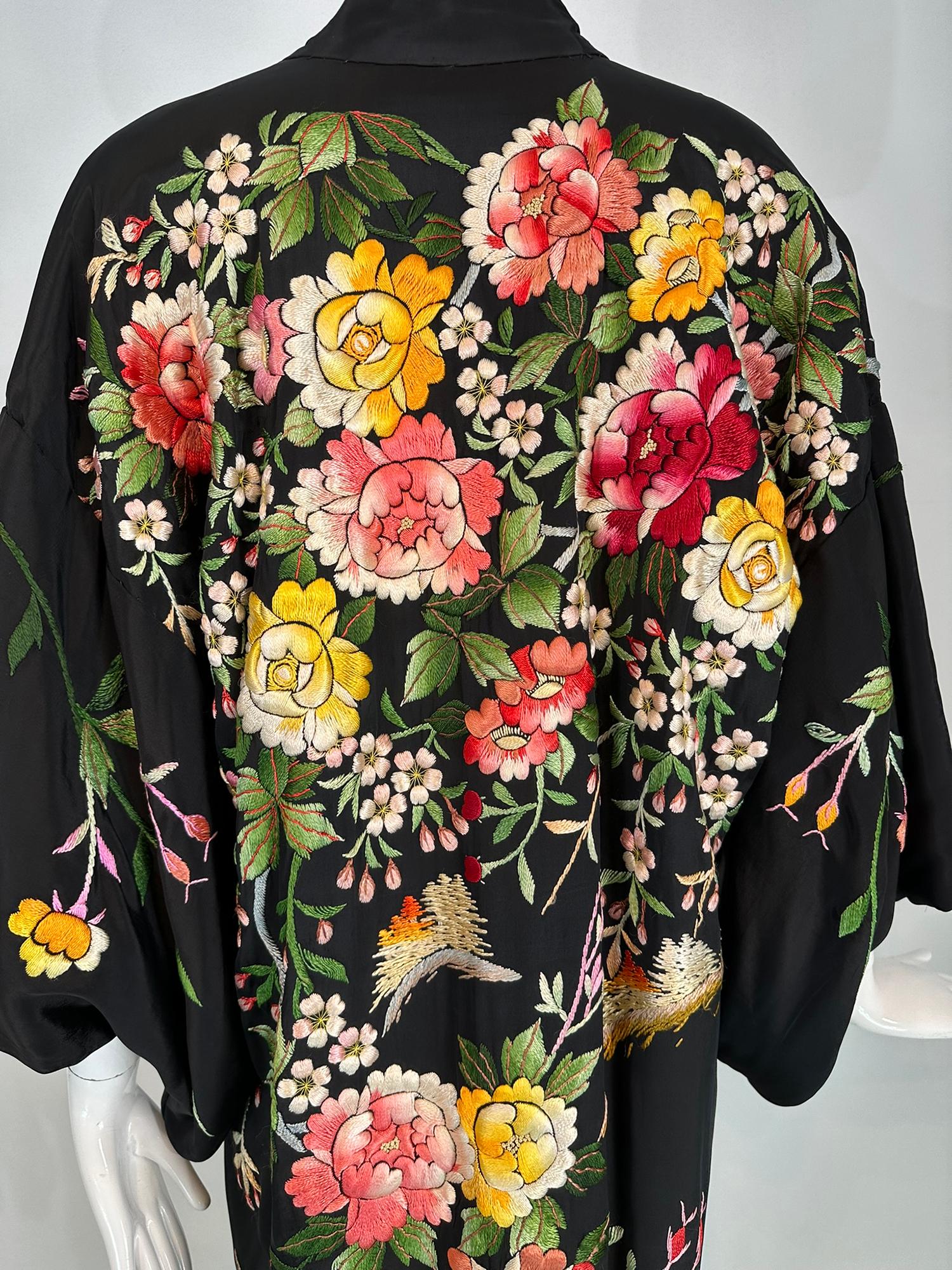 Vintage Black Rayon Heavily Floral Embroidered Kimono Robe 1930s-40s For Sale 3