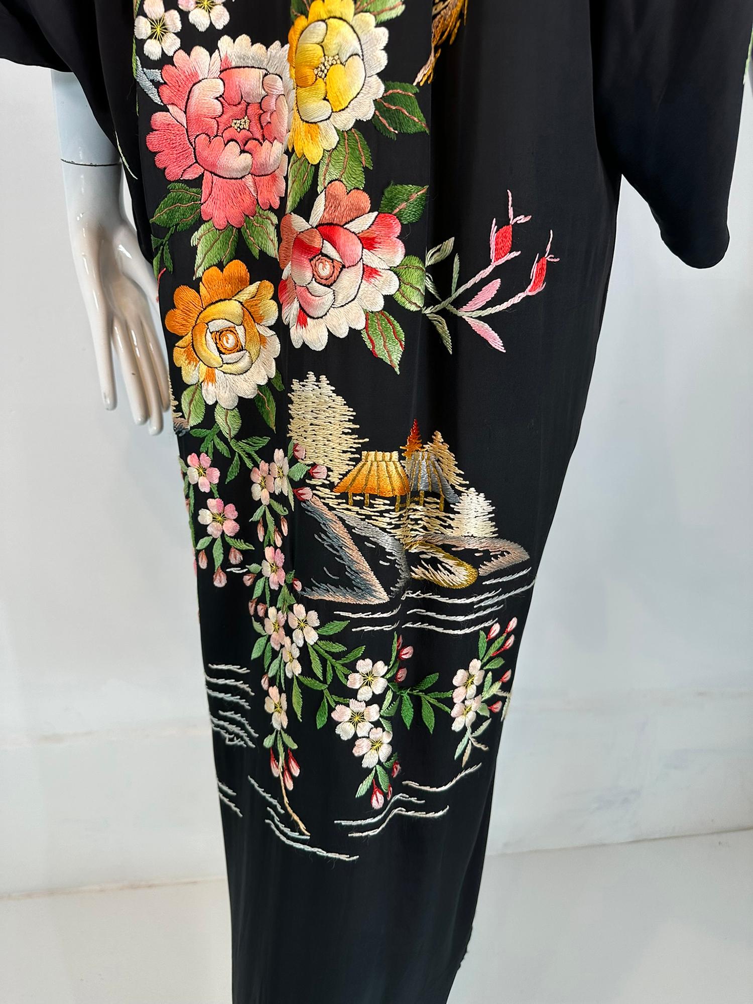 Vintage Black Rayon Heavily Floral Embroidered Kimono Robe 1930s-40s For Sale 5