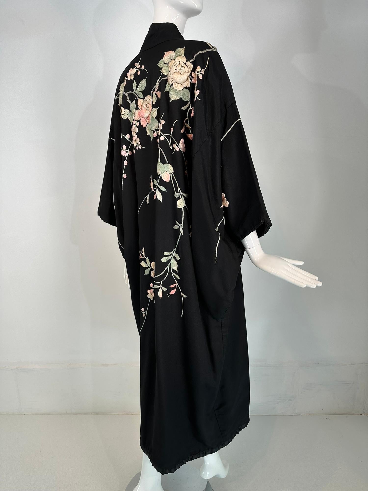 Vintage Black Rayon & Silk Pastel Floral Embroidered Kimono Robe  For Sale 6