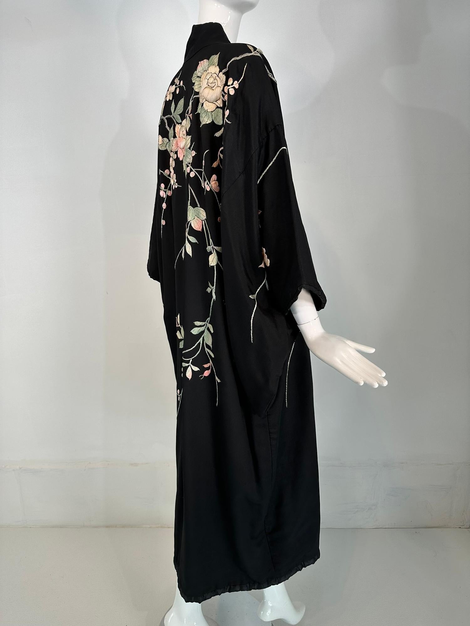 Vintage Black Rayon & Silk Pastel Floral Embroidered Kimono Robe  7