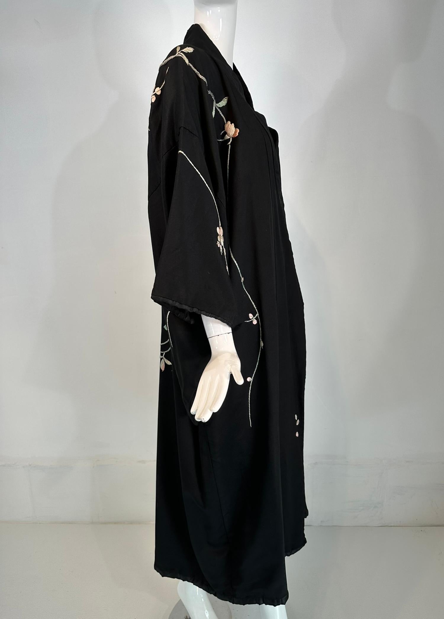 Vintage Black Rayon & Silk Pastel Floral Embroidered Kimono Robe  8