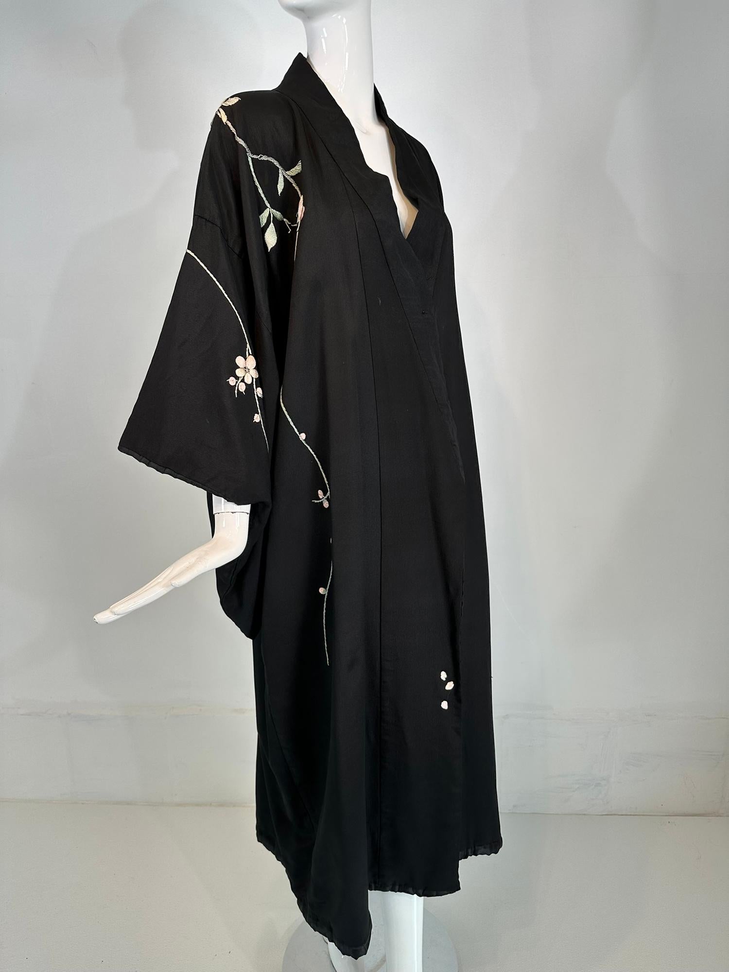 Vintage Black Rayon & Silk Pastel Floral Embroidered Kimono Robe  For Sale 9