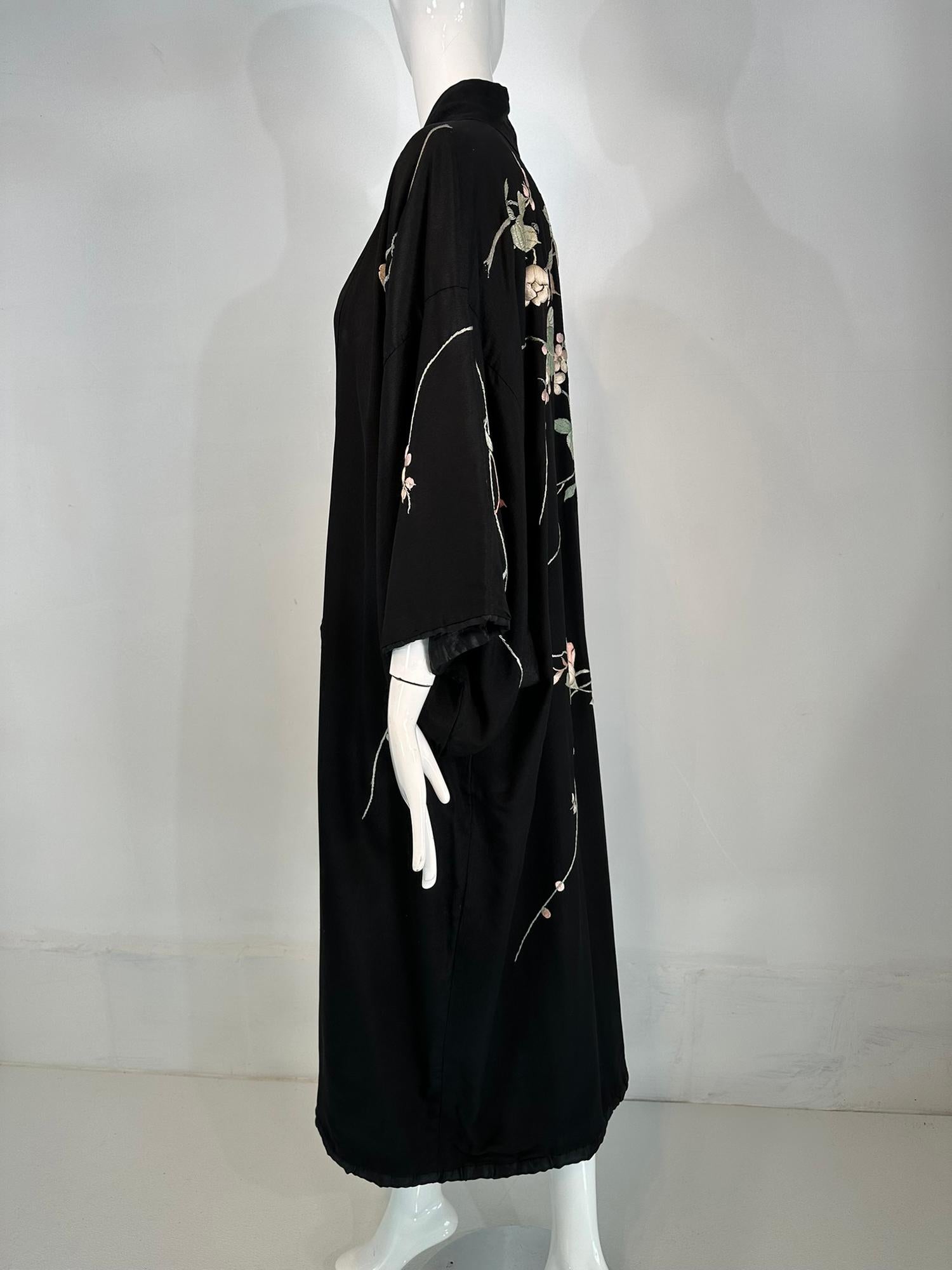 Women's Vintage Black Rayon & Silk Pastel Floral Embroidered Kimono Robe 