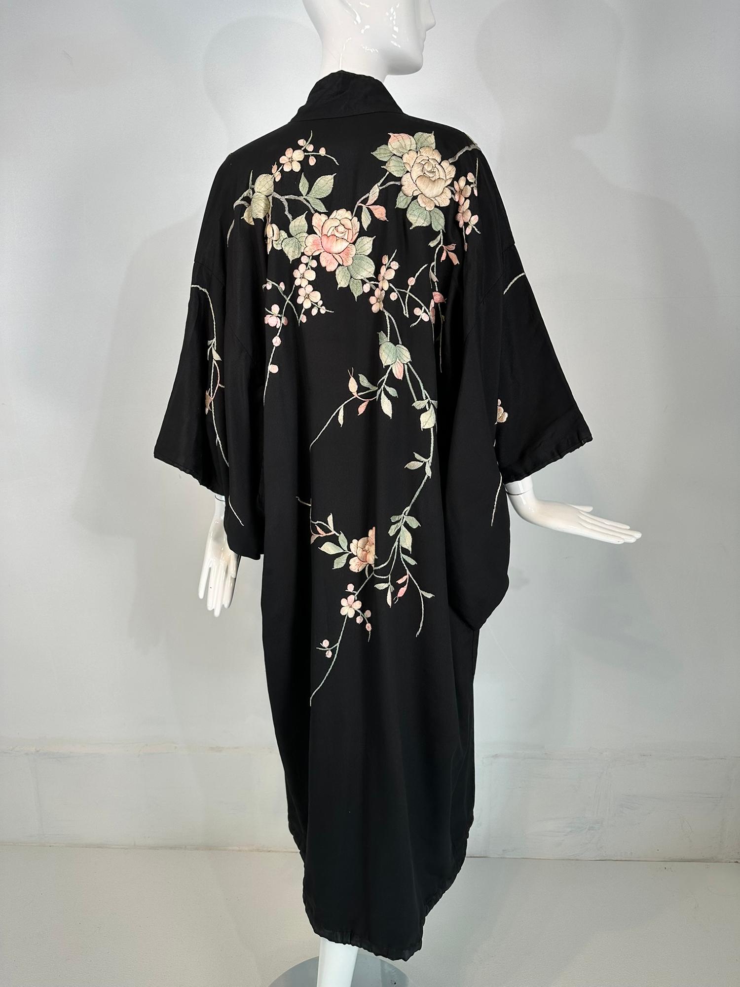 Vintage Black Rayon & Silk Pastel Floral Embroidered Kimono Robe  For Sale 4