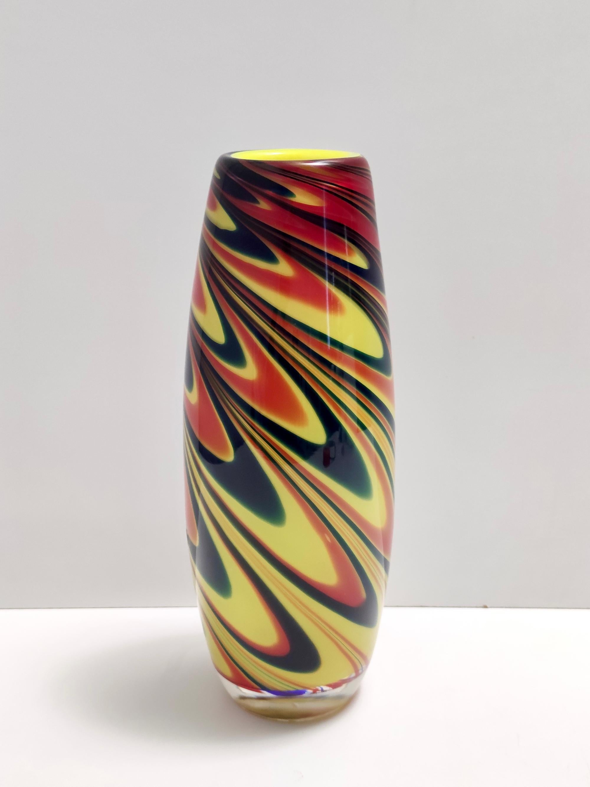 Late 20th Century Vintage Black, Red and Yellow Encased Hand-Blown Murano Glass Flower Vase, Italy For Sale