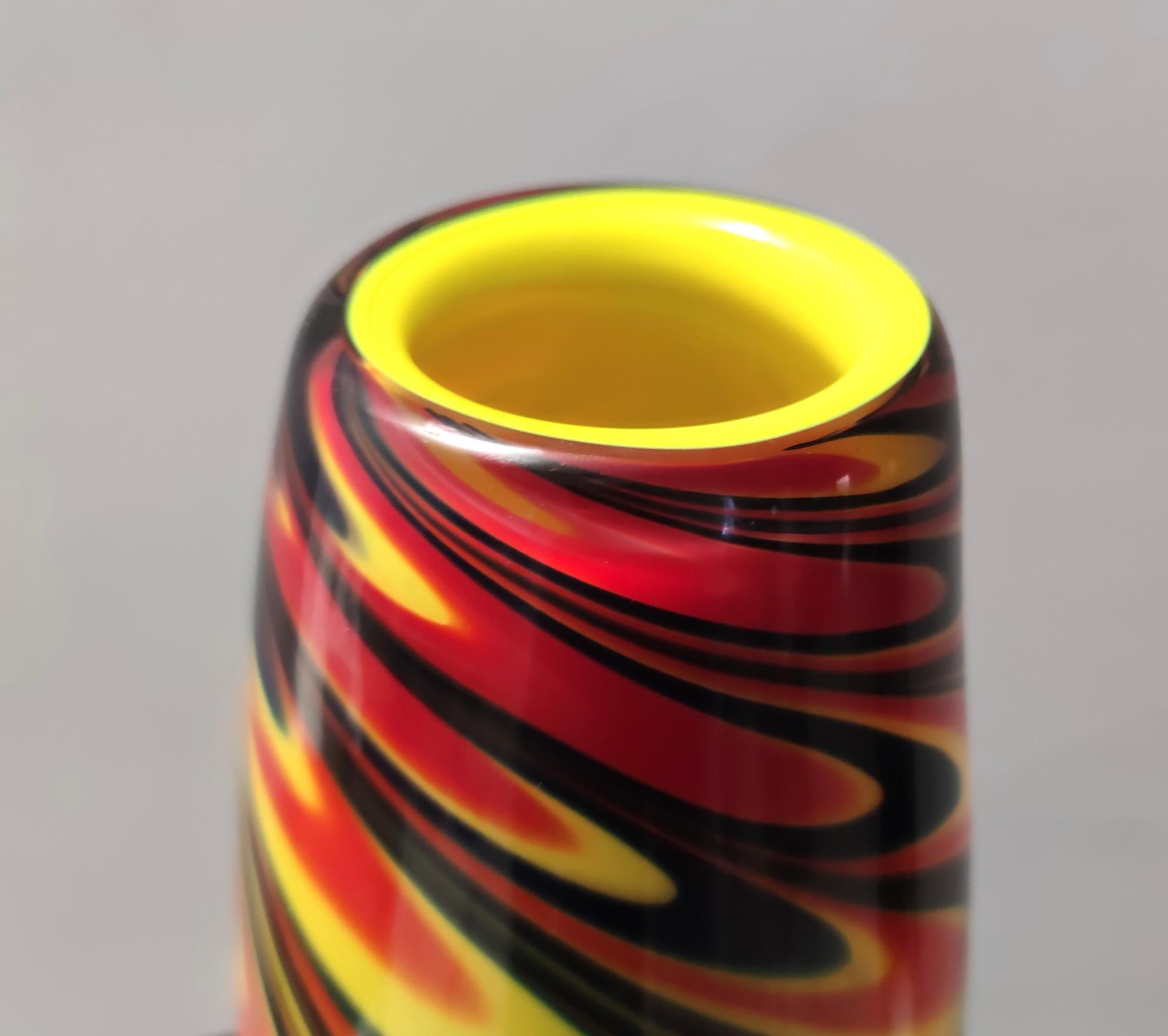Vintage Black, Red and Yellow Encased Hand-Blown Murano Glass Flower Vase, Italy For Sale 1