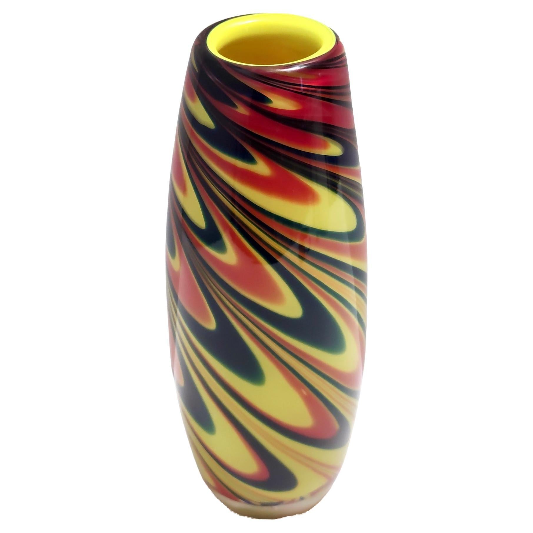 Vintage Black, Red and Yellow Encased Hand-Blown Murano Glass Flower Vase, Italy For Sale