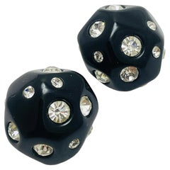 Boucles d'oreilles à clip vintage en résine noire et strass doré