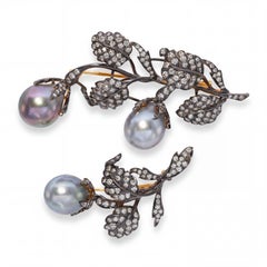 Vintage Black Rhodium 18k Yellow Gold Diamond and Pearl Convertible Brooch