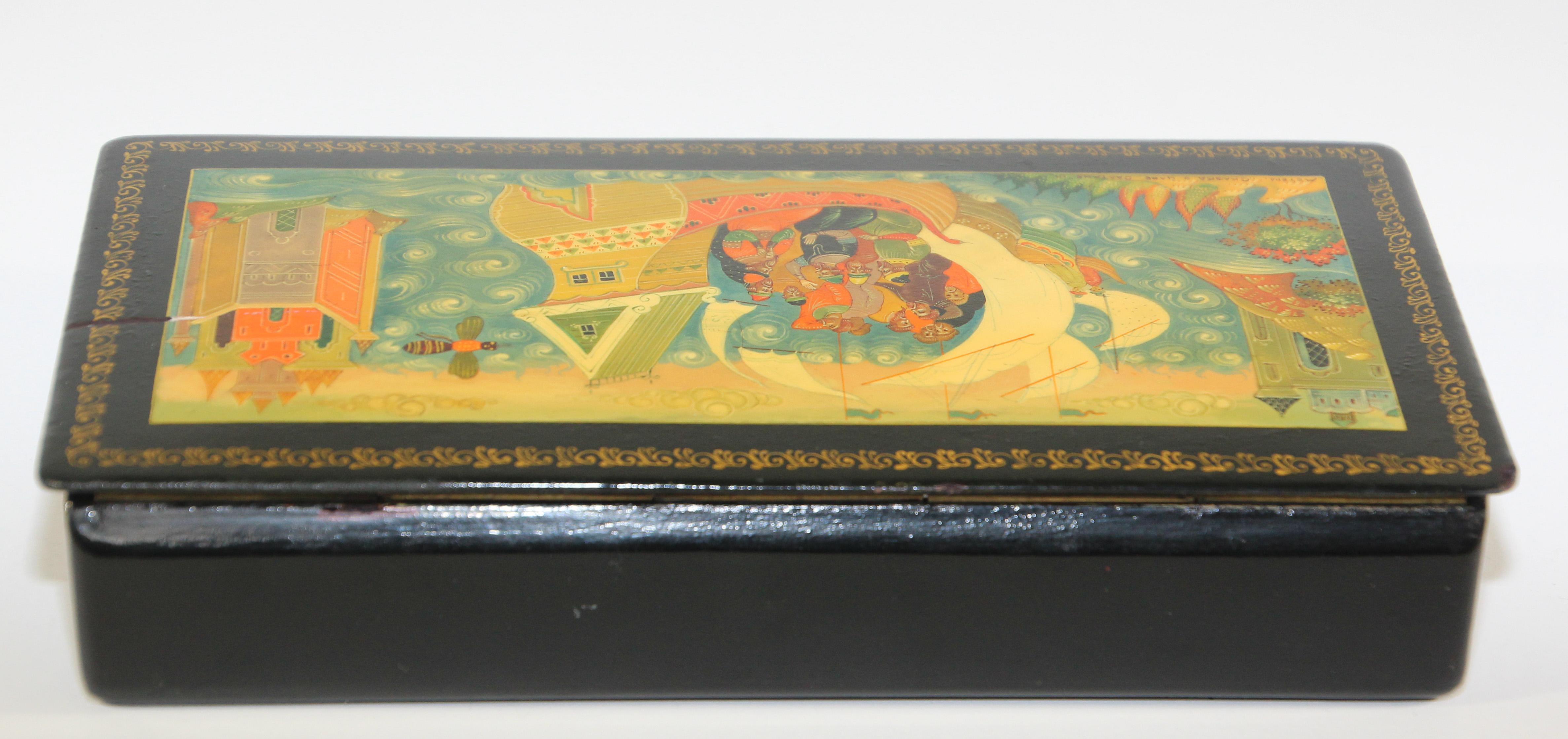 Softwood Vintage Black Russian Lacquered Box with Hand Painted Top