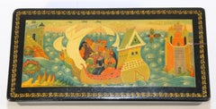 Vintage Black Russian Lacquered Box with Hand Painted Top