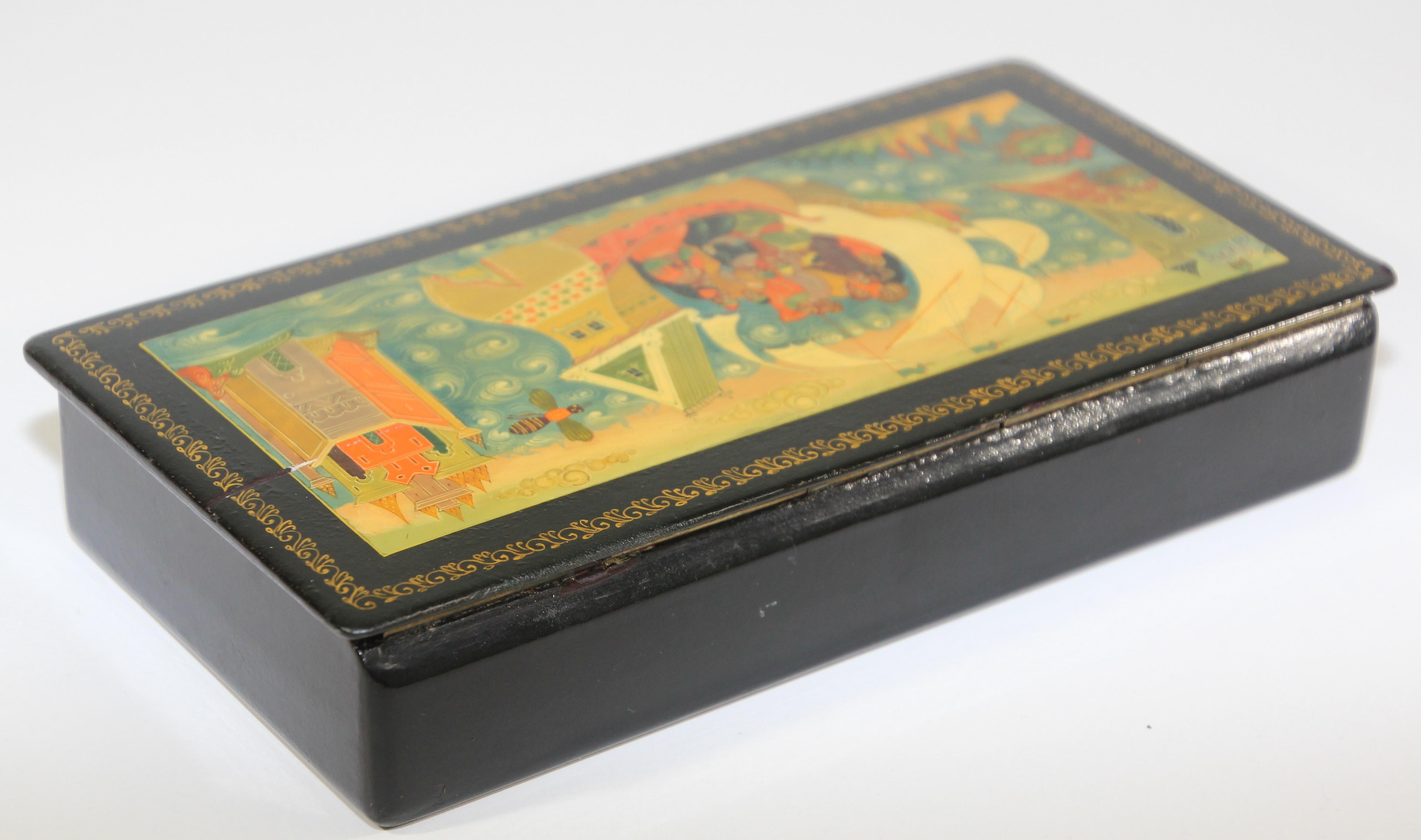 20th Century Vintage Black Russian Lacquered Box with Hand Painted Top