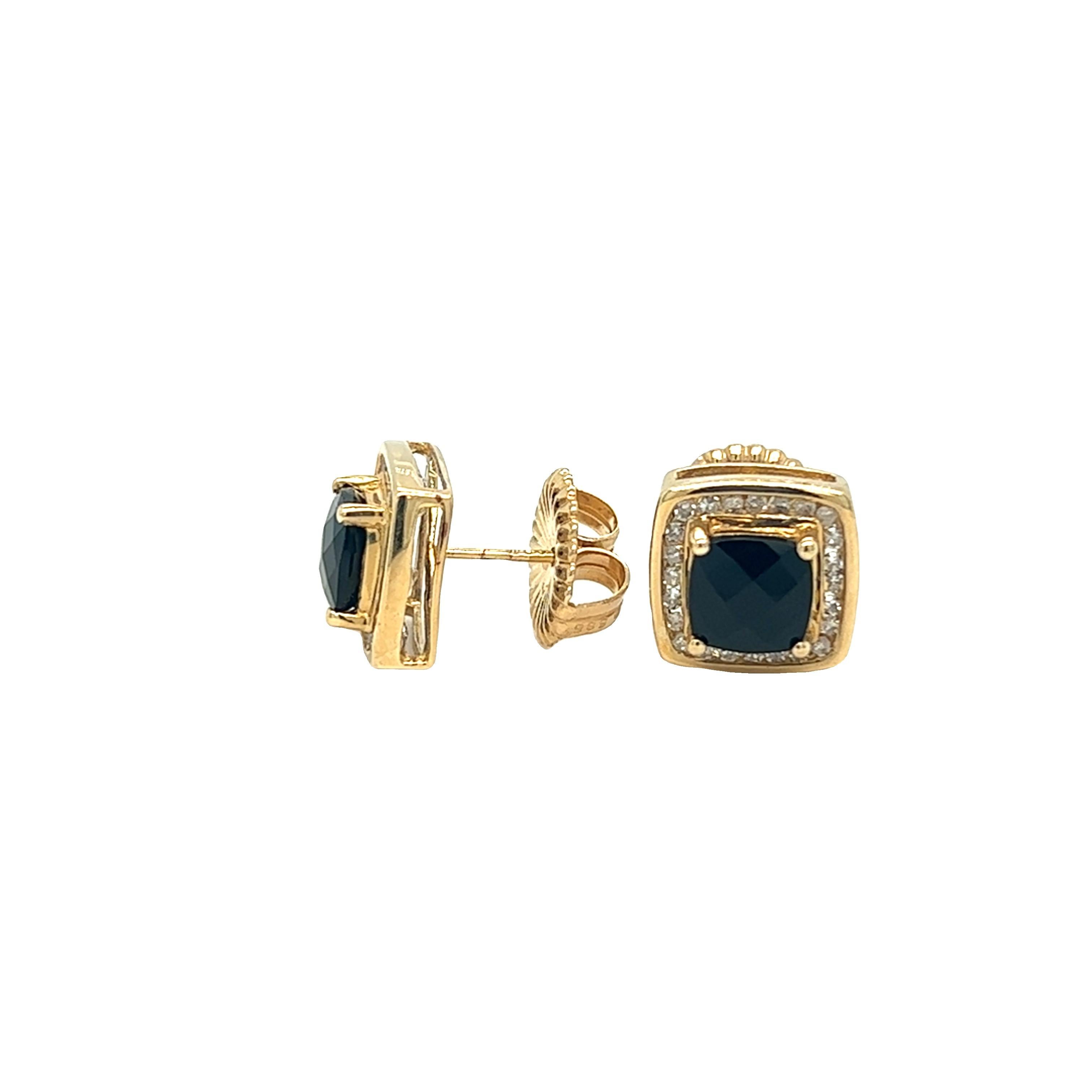 Cushion Cut Vintage Black Sapphire and Diamond Halo Stud Earrings 10k Yellow Gold For Sale