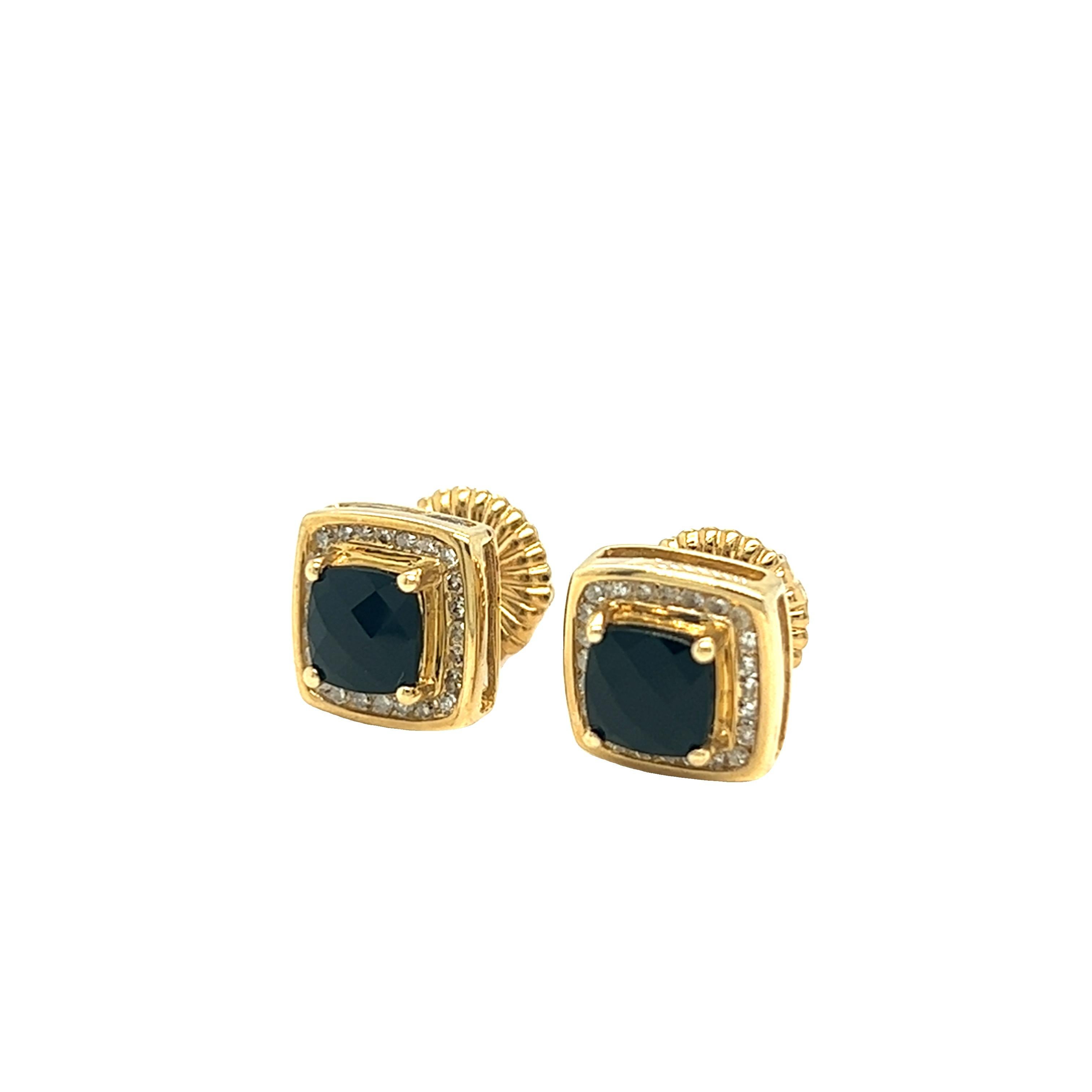 Vintage Black Sapphire and Diamond Halo Stud Earrings 10k Yellow Gold In Excellent Condition For Sale In beverly hills, CA