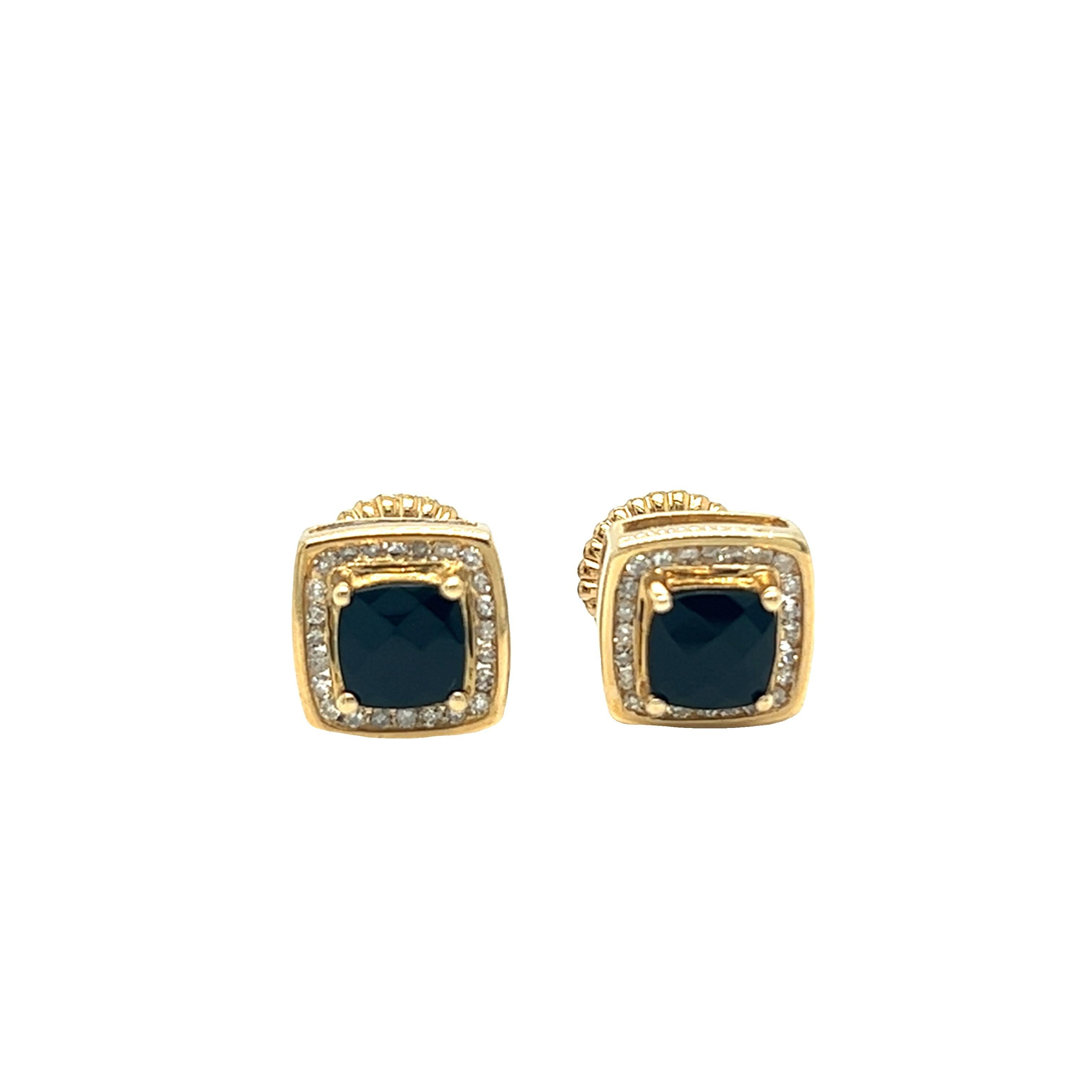 Women's Vintage Black Sapphire and Diamond Halo Stud Earrings 10k Yellow Gold For Sale