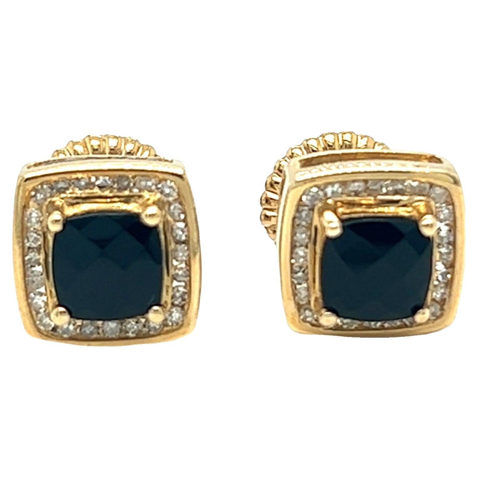 Vintage Black Sapphire and Diamond Halo Stud Earrings 10k Yellow Gold For Sale