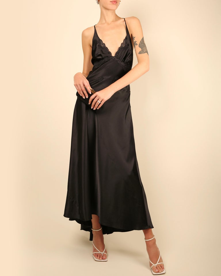 Vintage black satin silk lace plunging backless night gown slip maxi