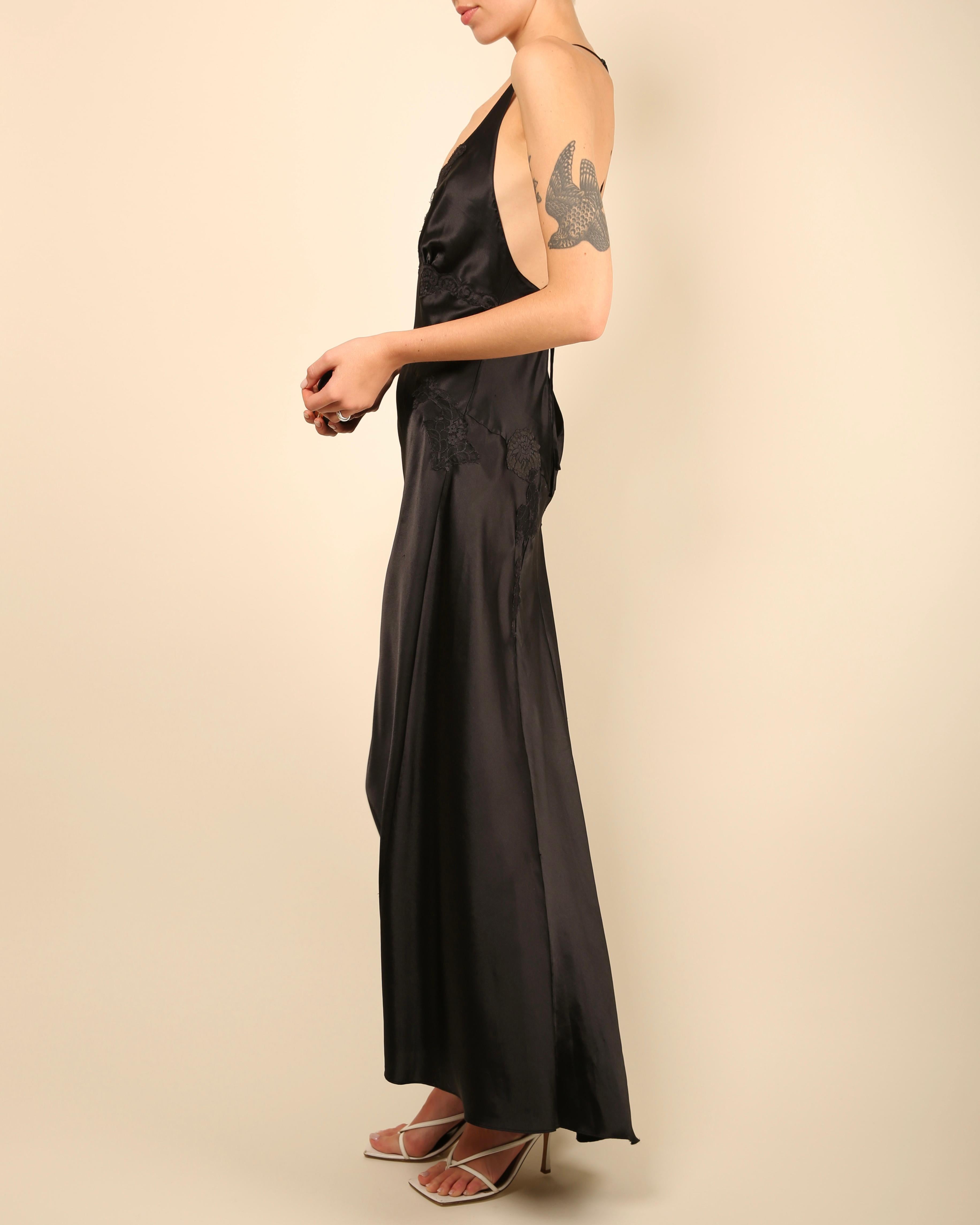 Women's Vintage black satin silk lace plunging backless night gown slip maxi dress M For Sale