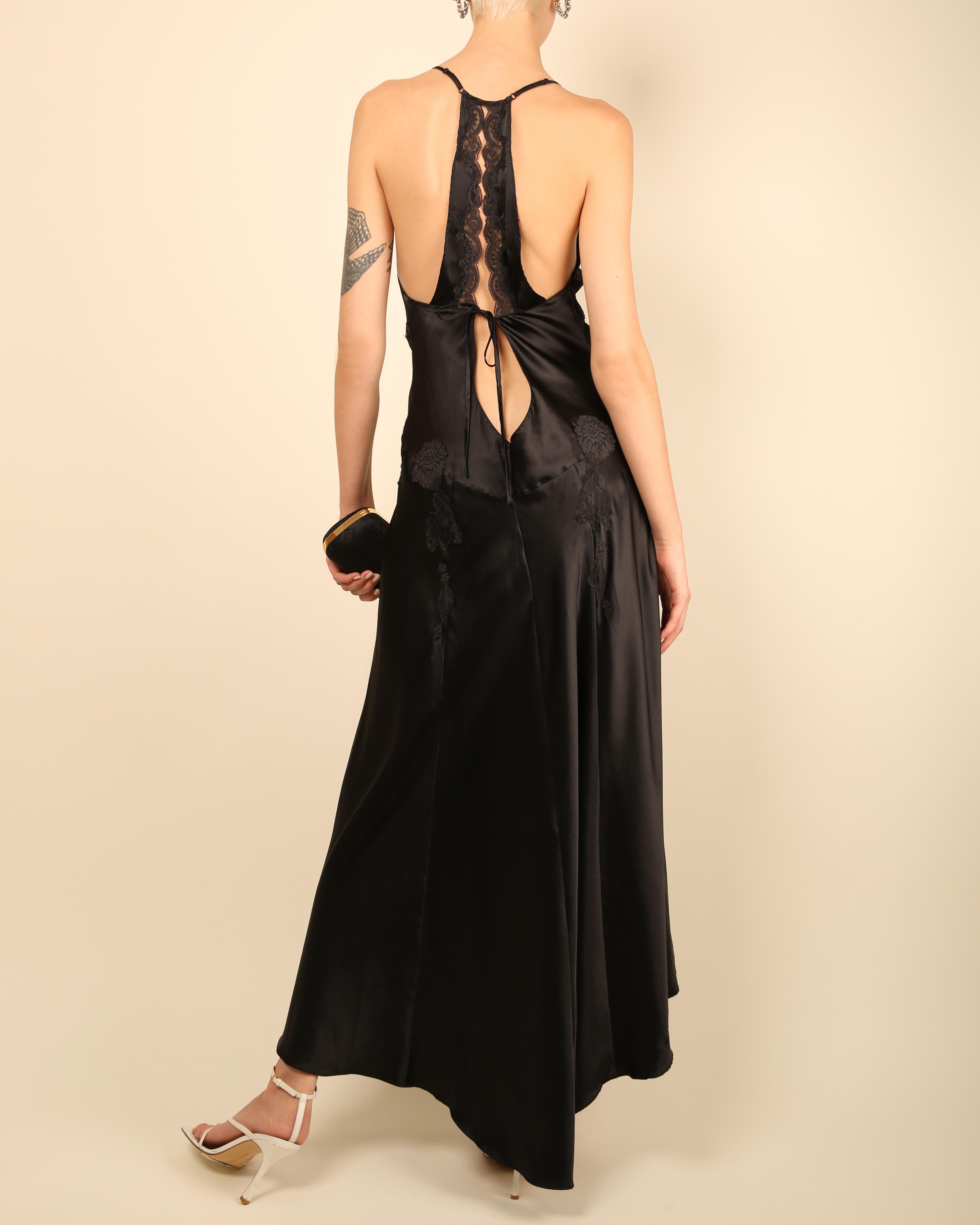 Vintage black satin silk lace plunging backless night gown slip maxi dress M For Sale 1