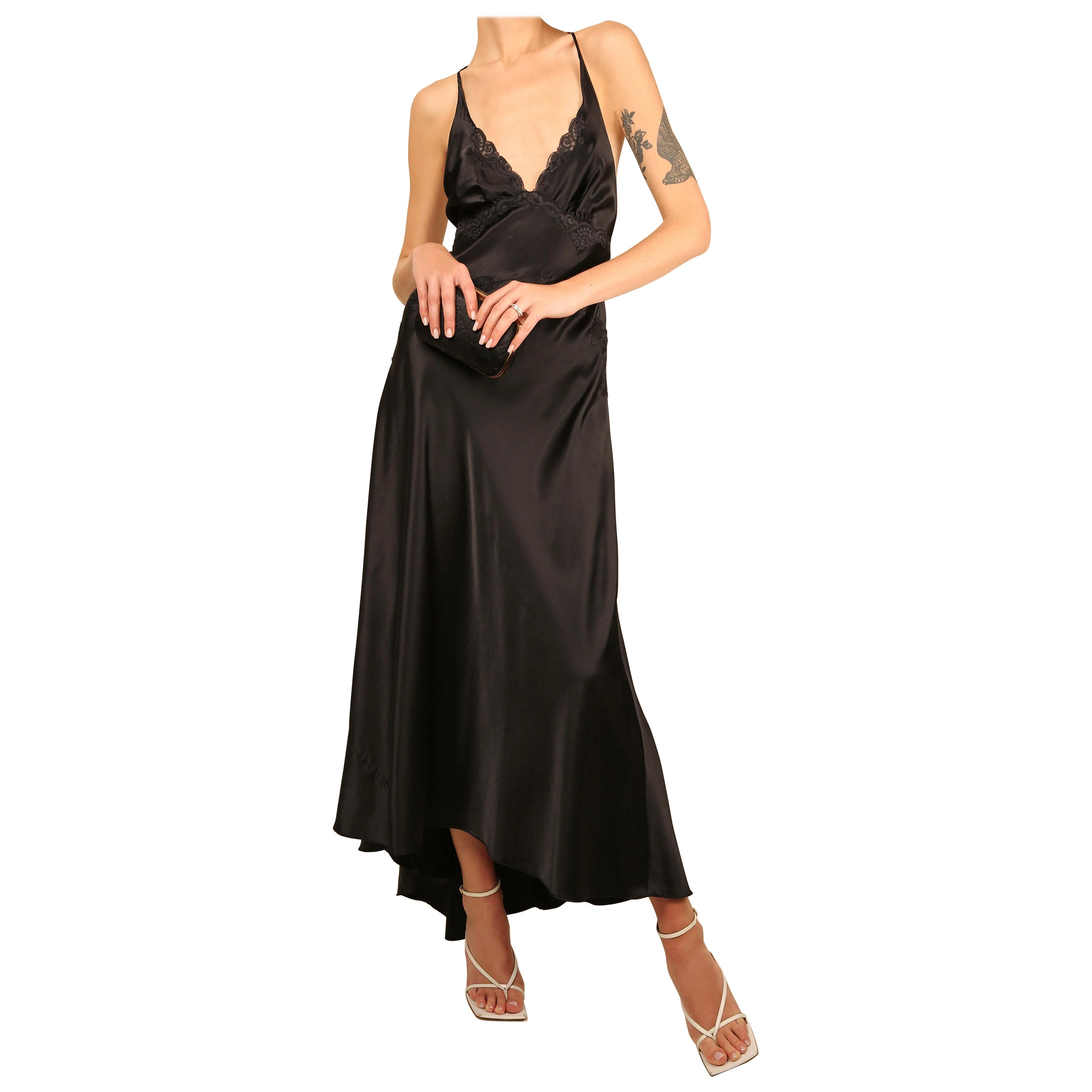 Vintage black satin silk lace plunging backless night gown slip maxi dress M en vente