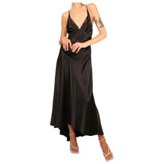 Vintage black satin silk lace plunging backless night gown slip maxi dress M