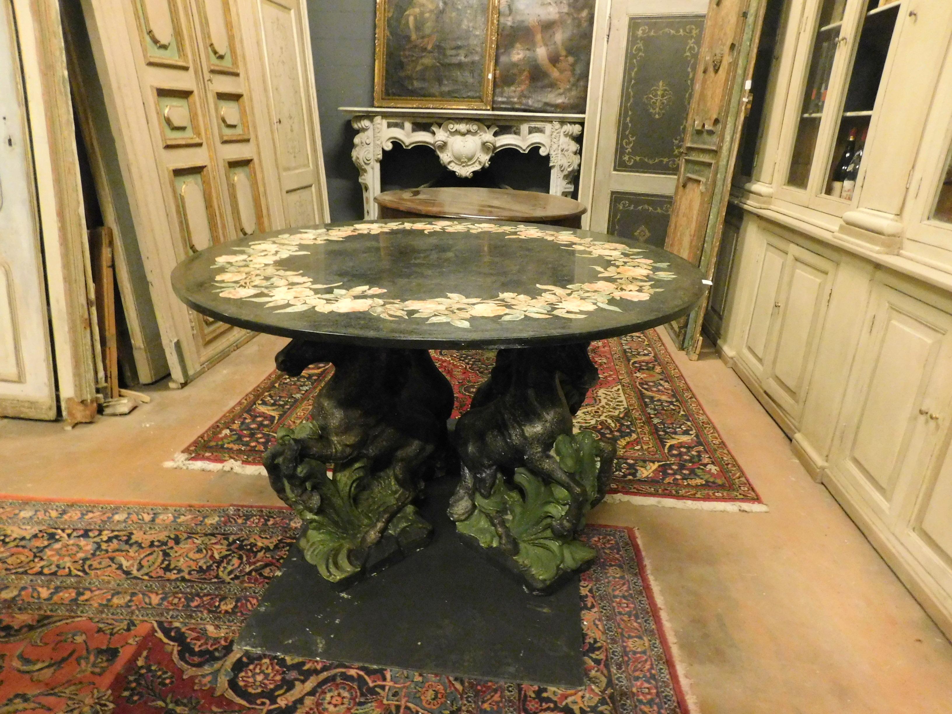 Italian Vintage Black Scagliola Table with Four Sculpted Horses at the Base, '900 Italy For Sale