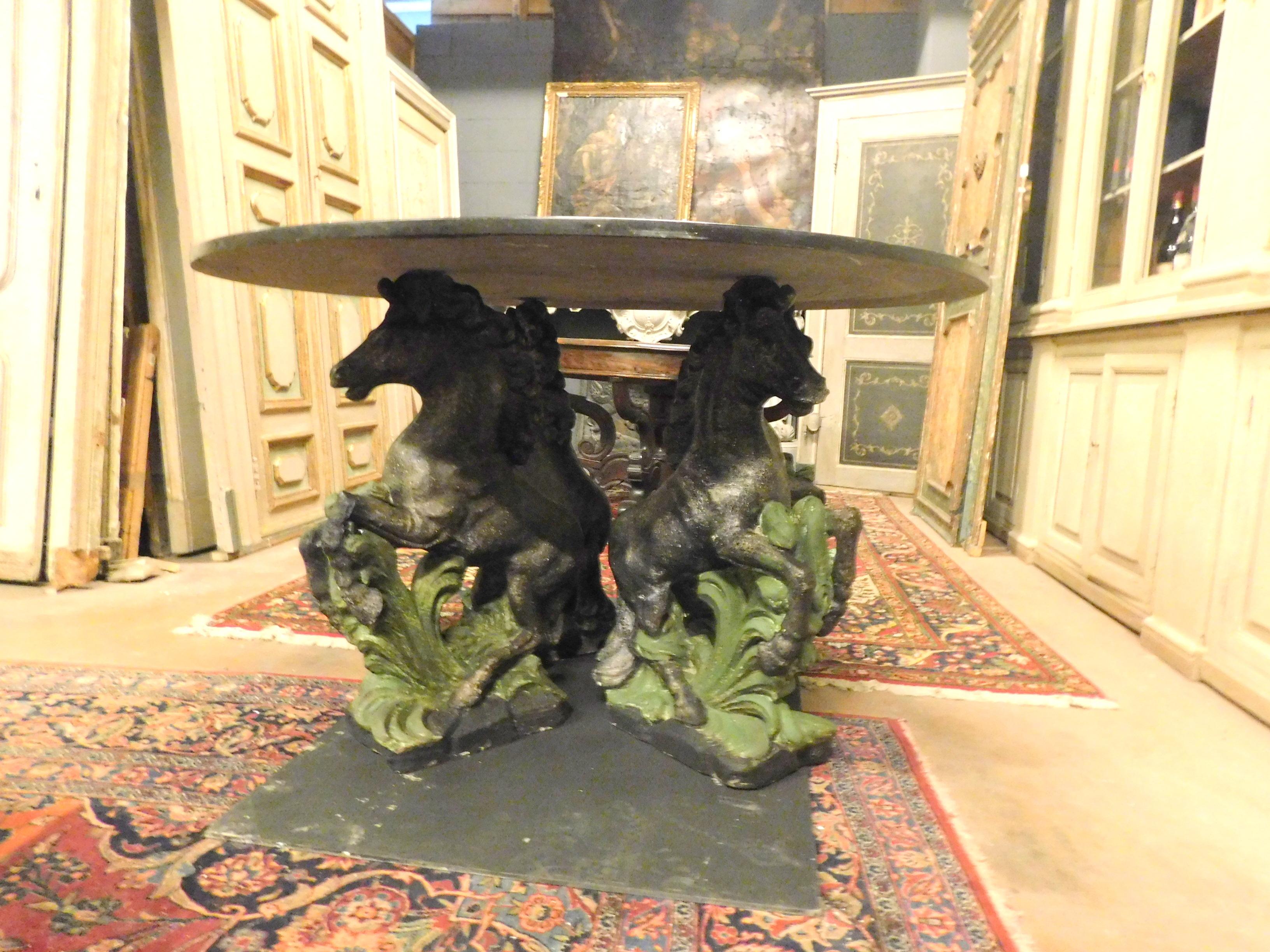 Carved Vintage Black Scagliola Table with Four Sculpted Horses at the Base, '900 Italy For Sale