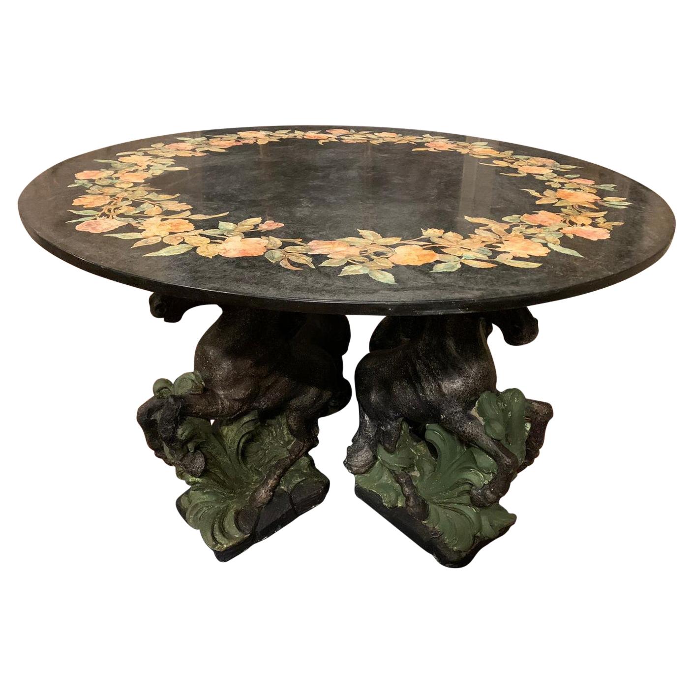 Vintage Black Scagliola Table with Four Sculpted Horses at the Base, '900 Italy For Sale