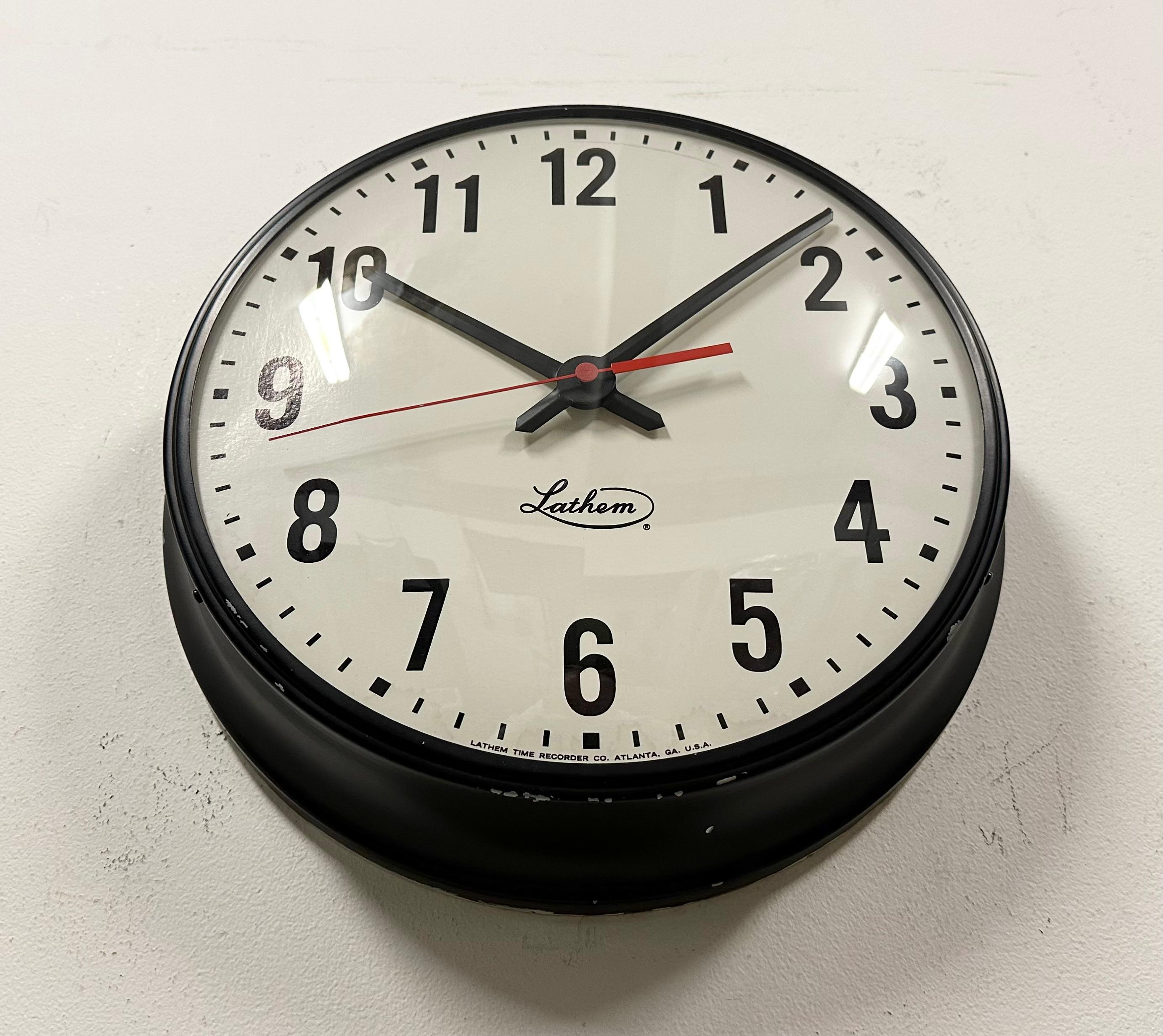 American Vintage Black School Wall Clock from Lathem, 1980s For Sale