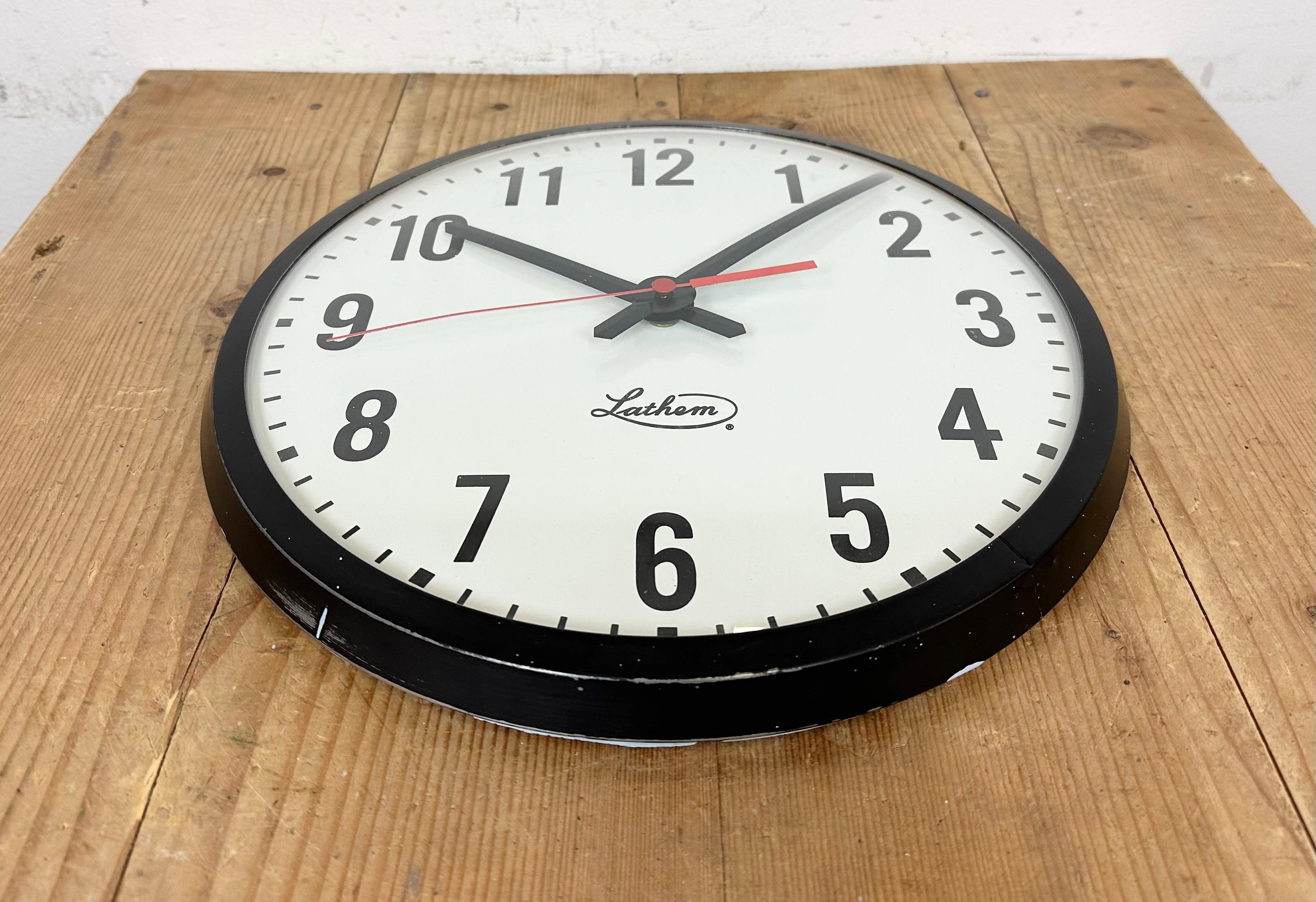 Glass Vintage Black School Wall Clock from Lathem, 1980s For Sale