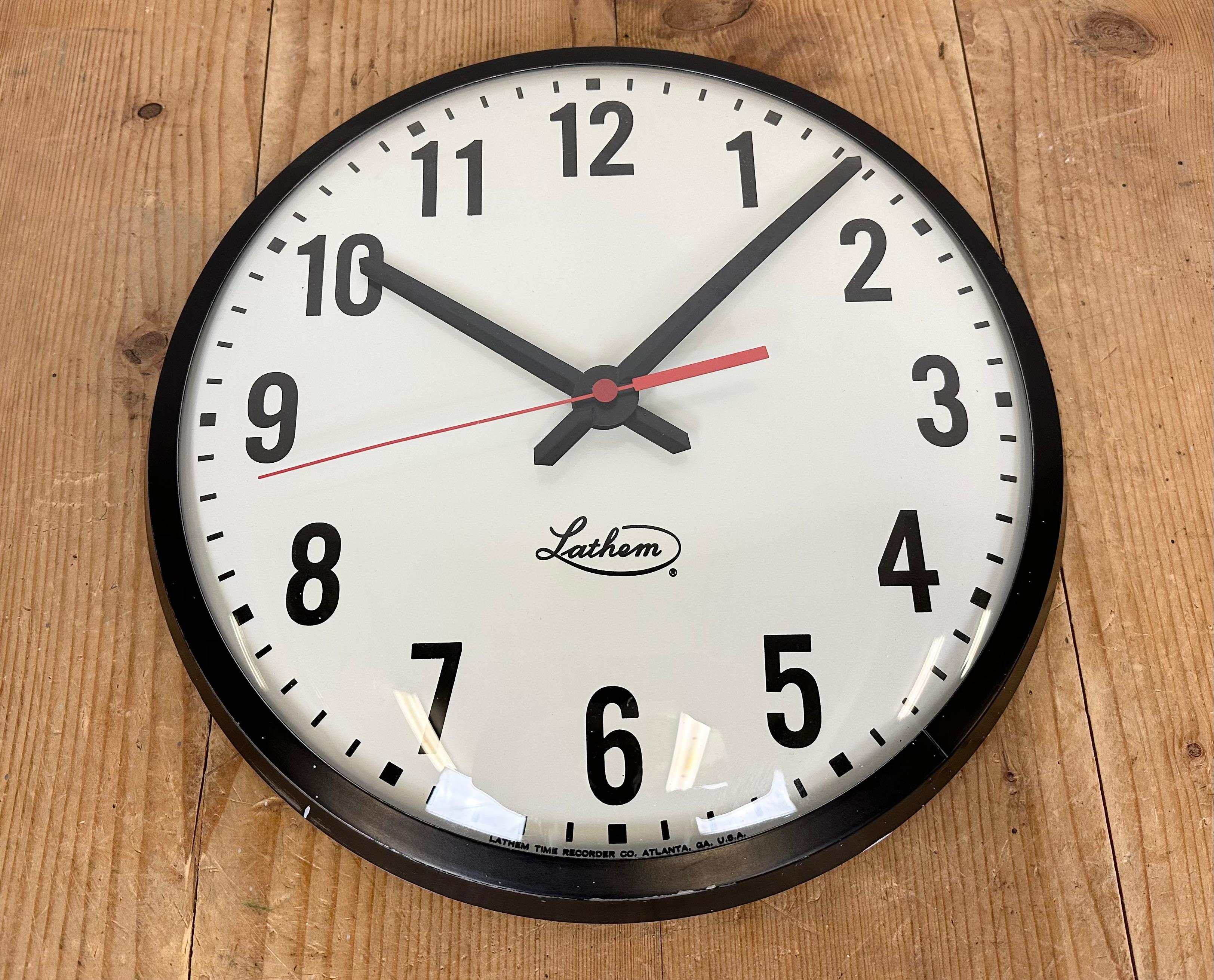 Glass Vintage Black School Wall Clock from Lathem, 1980s For Sale