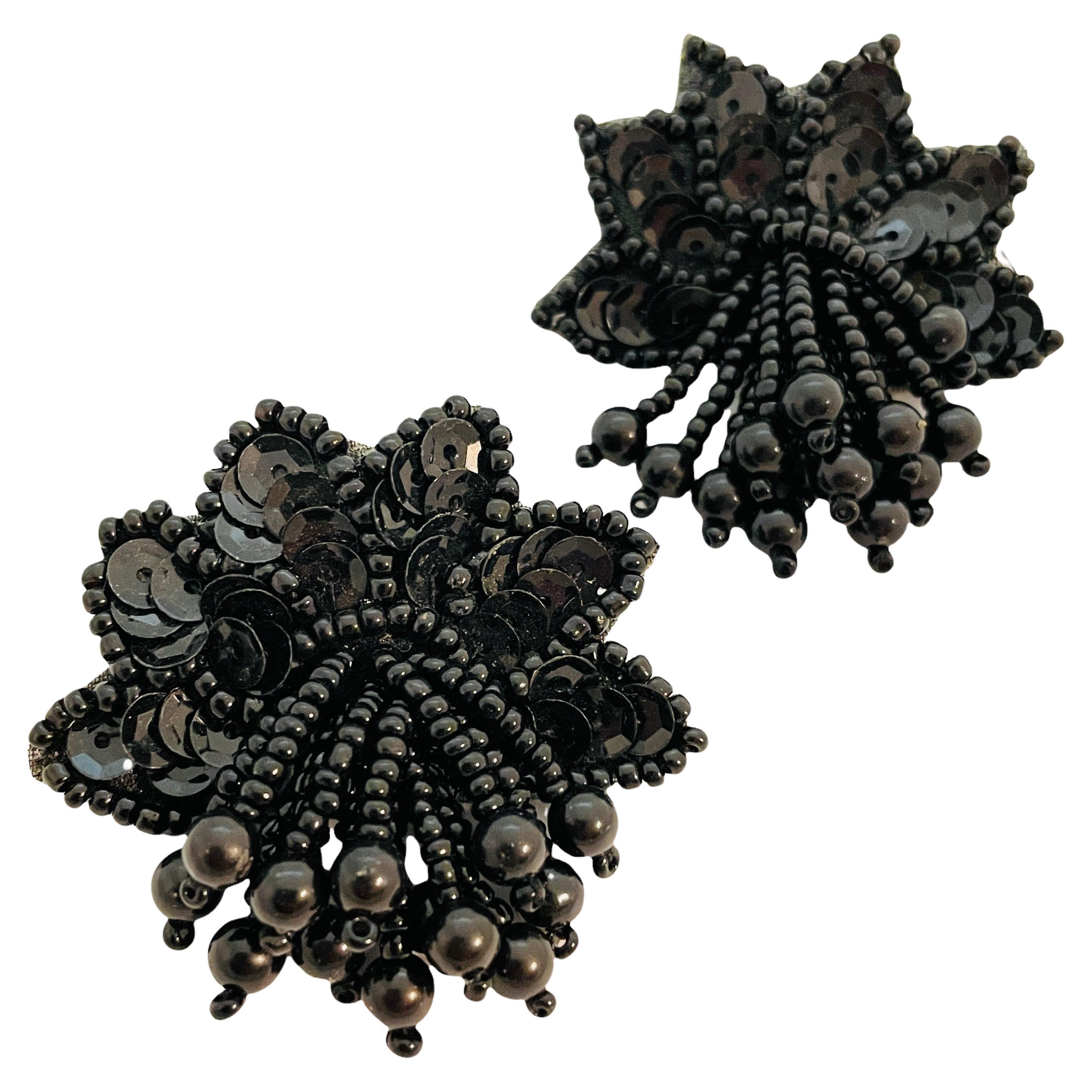 Vintage black seed beads artisan hand made earrings For Sale