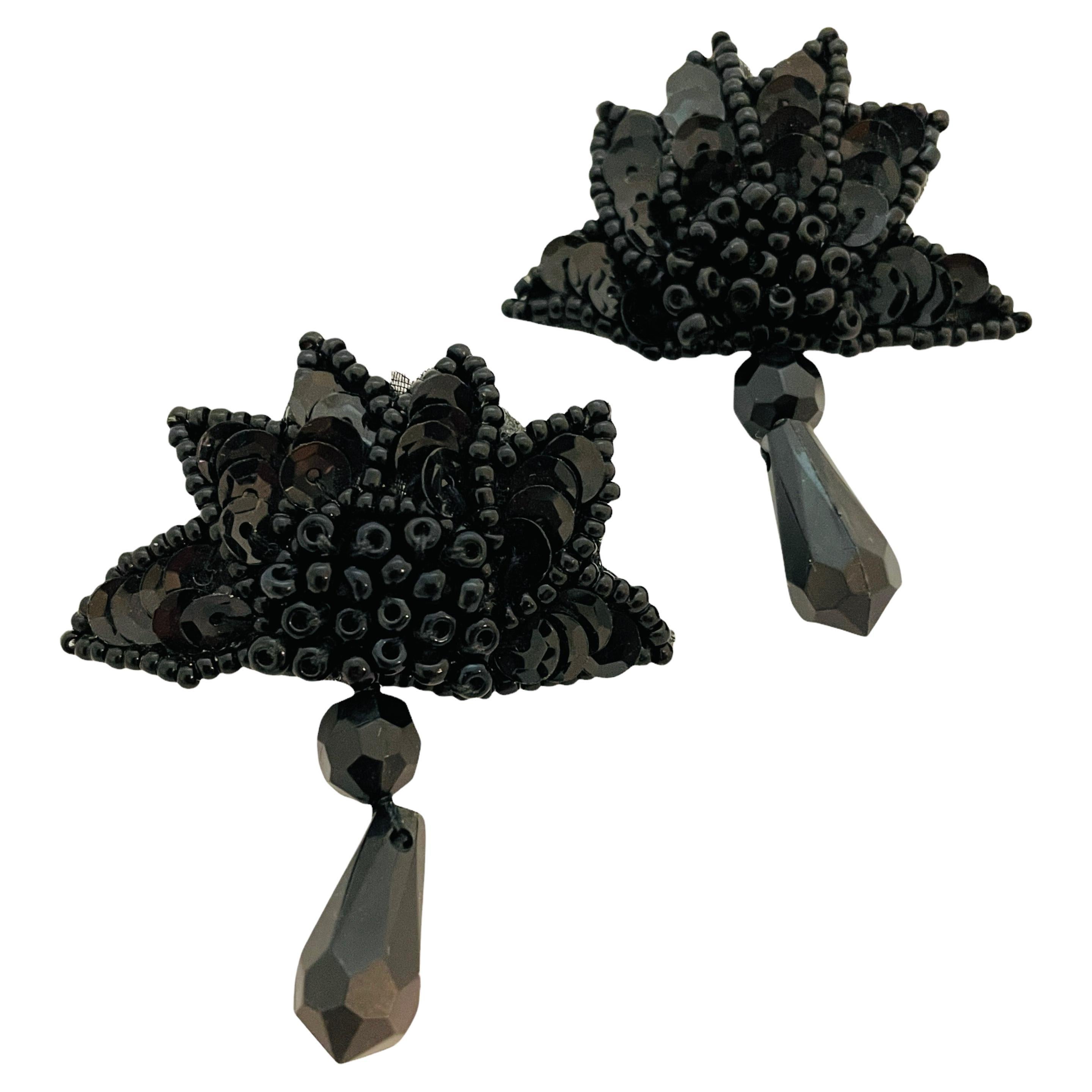 Vintage black seed beads sequin artisan hand made earrings For Sale