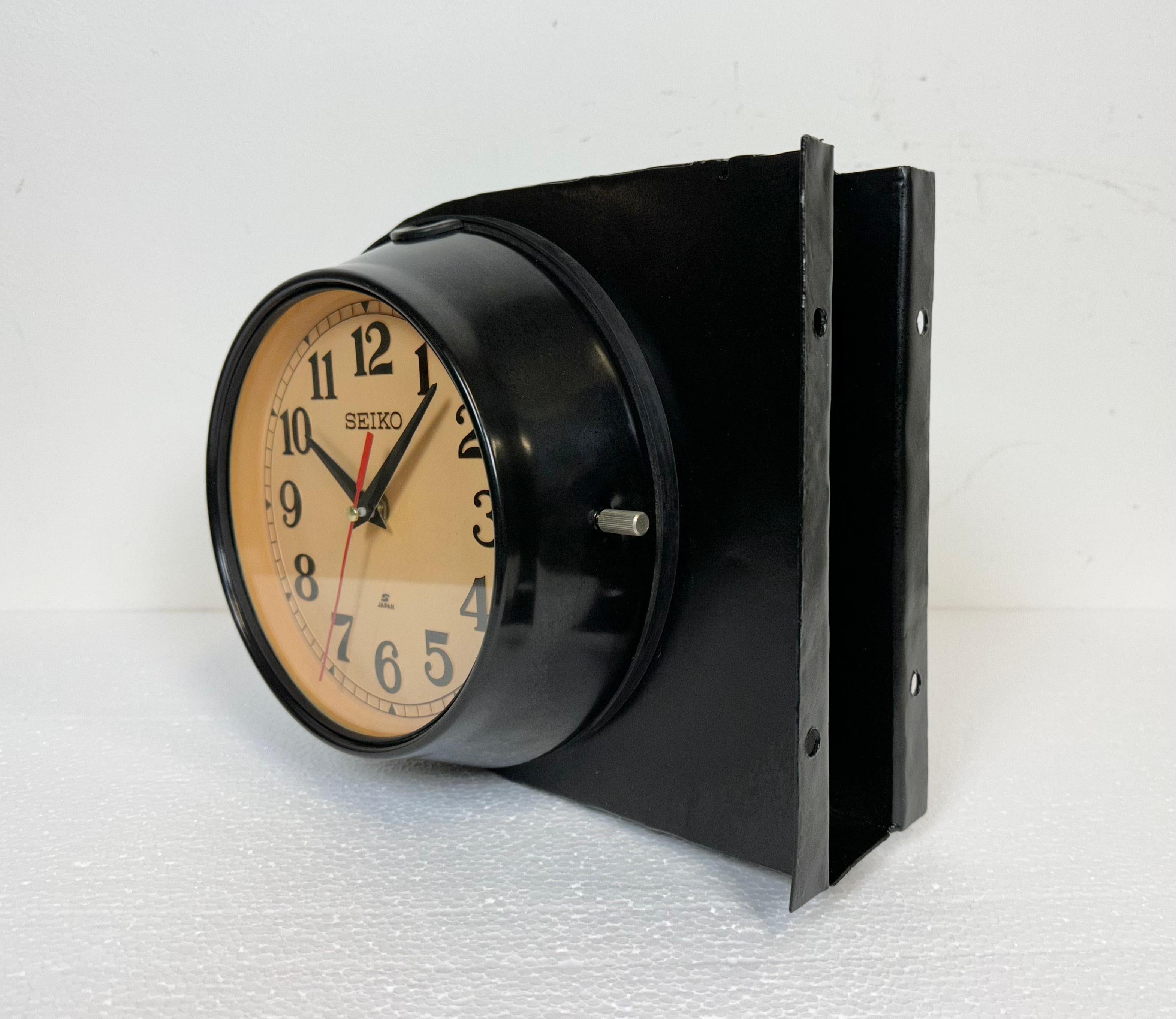 Industrial Vintage Black Seiko Double-Sided Navy Wall Clock, 1980s