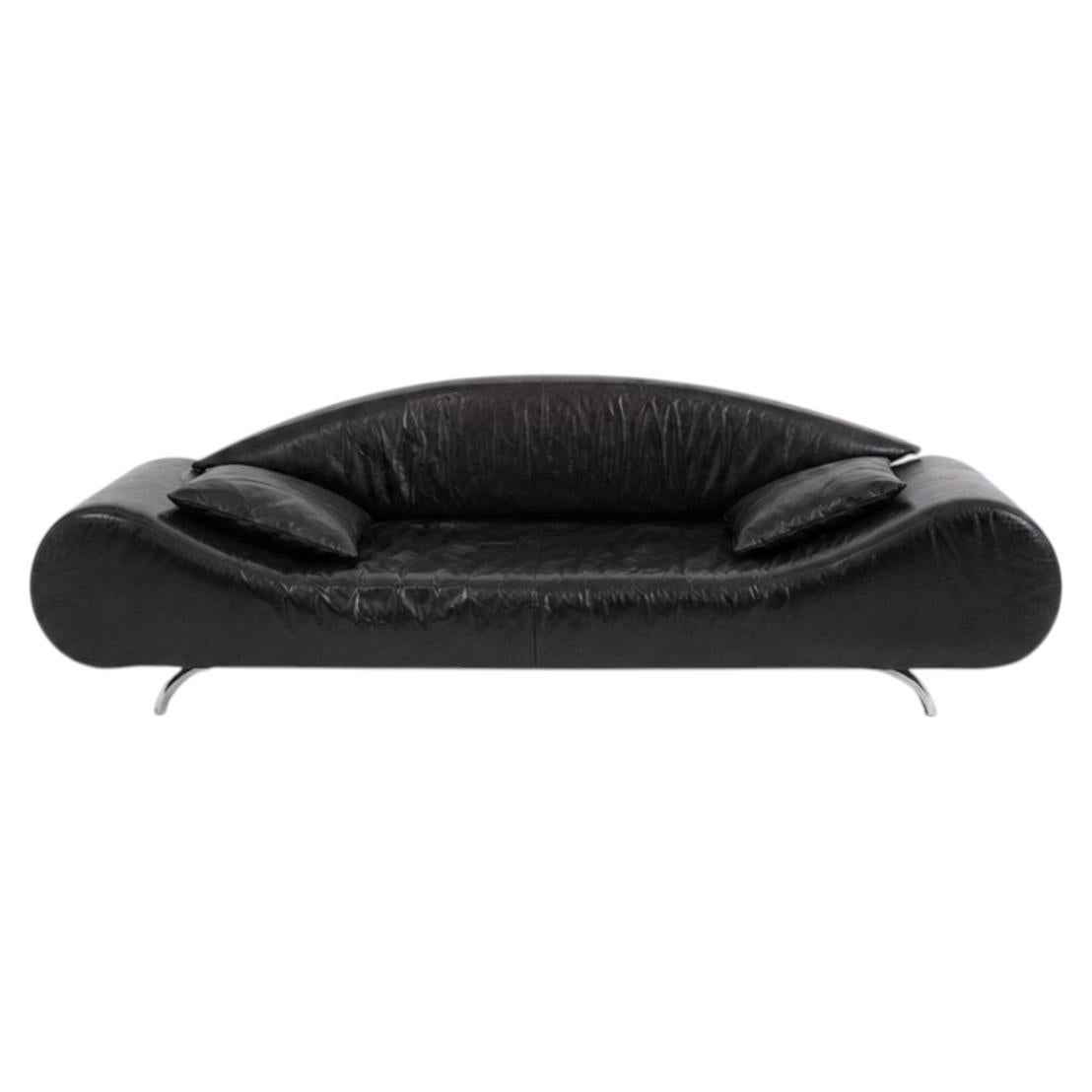 italian Vintage Black Semi-Leather Sofa Modern Style