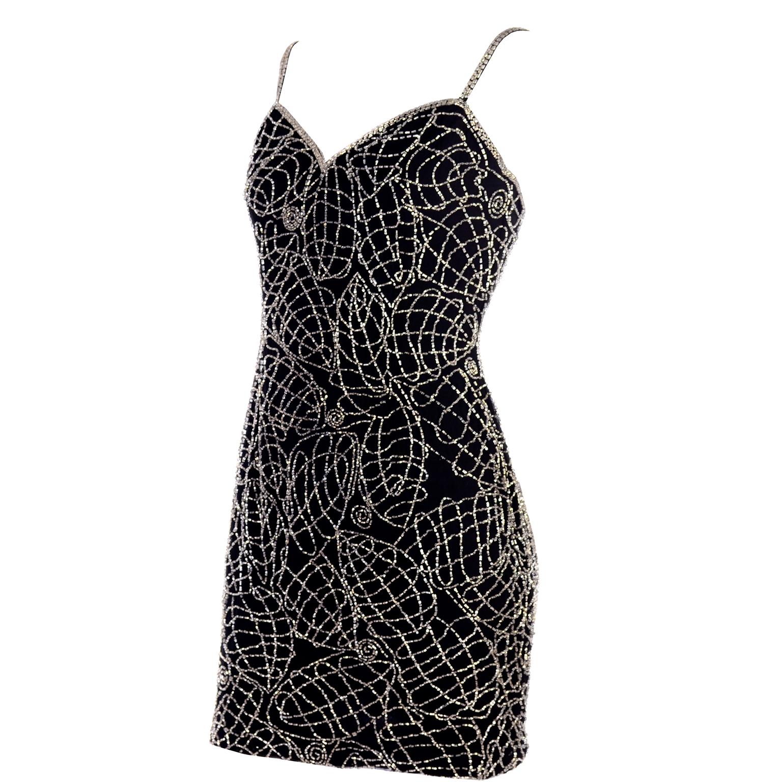 Vintage Black Silk Bodycon Dress With Silver Beads