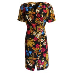 Retro Black Silk Dress Bold Floral Pattern Faux Wrap Nipon Boutique US 10 