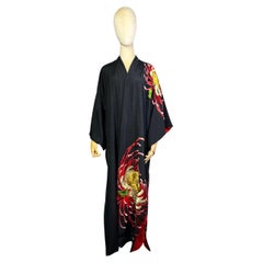 Kimono vintage in seta nera ricamato a mano, anni '80