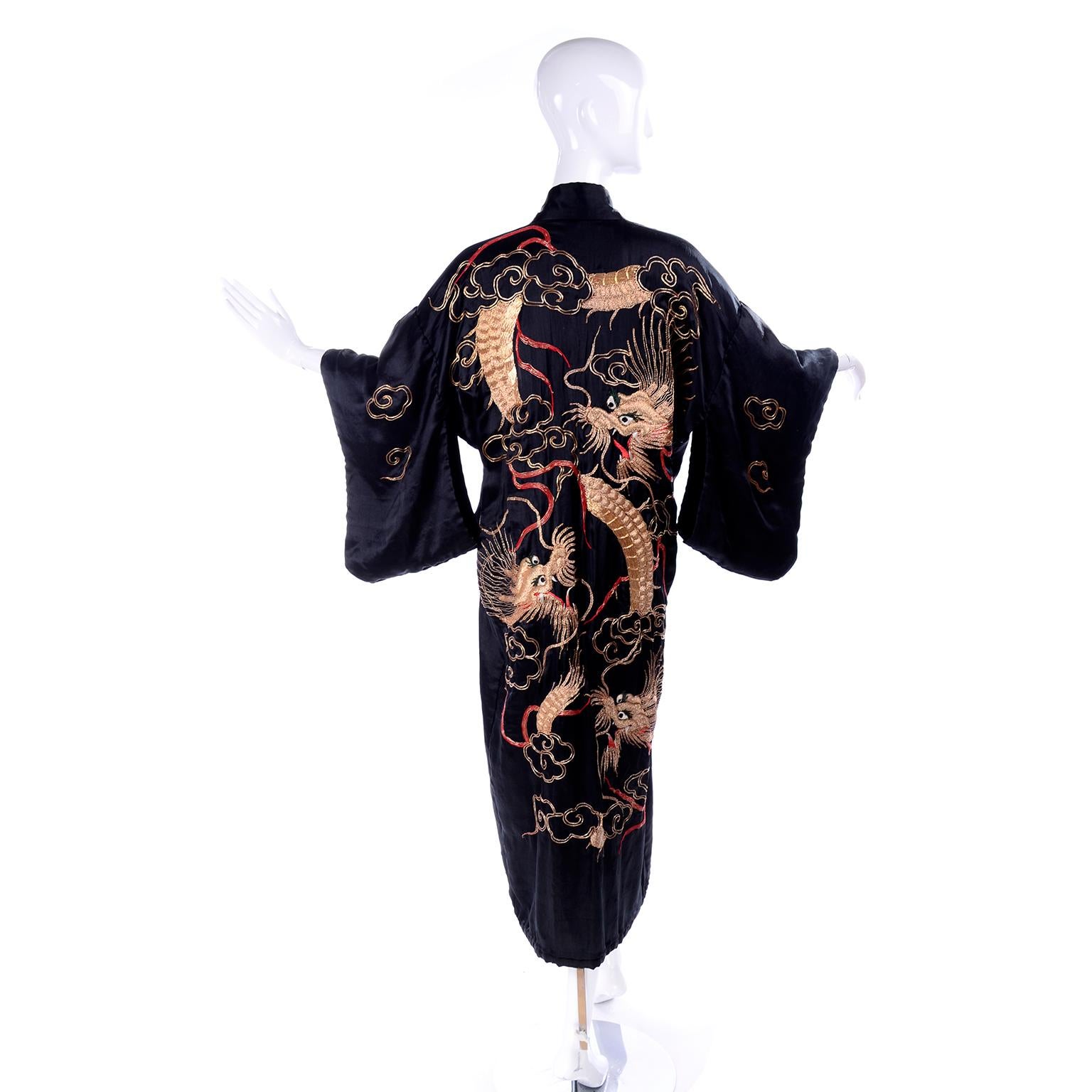 Vintage Black Silk Kimono W/ Gold Metallic Chinese Dragons Clouds & Lightning 3