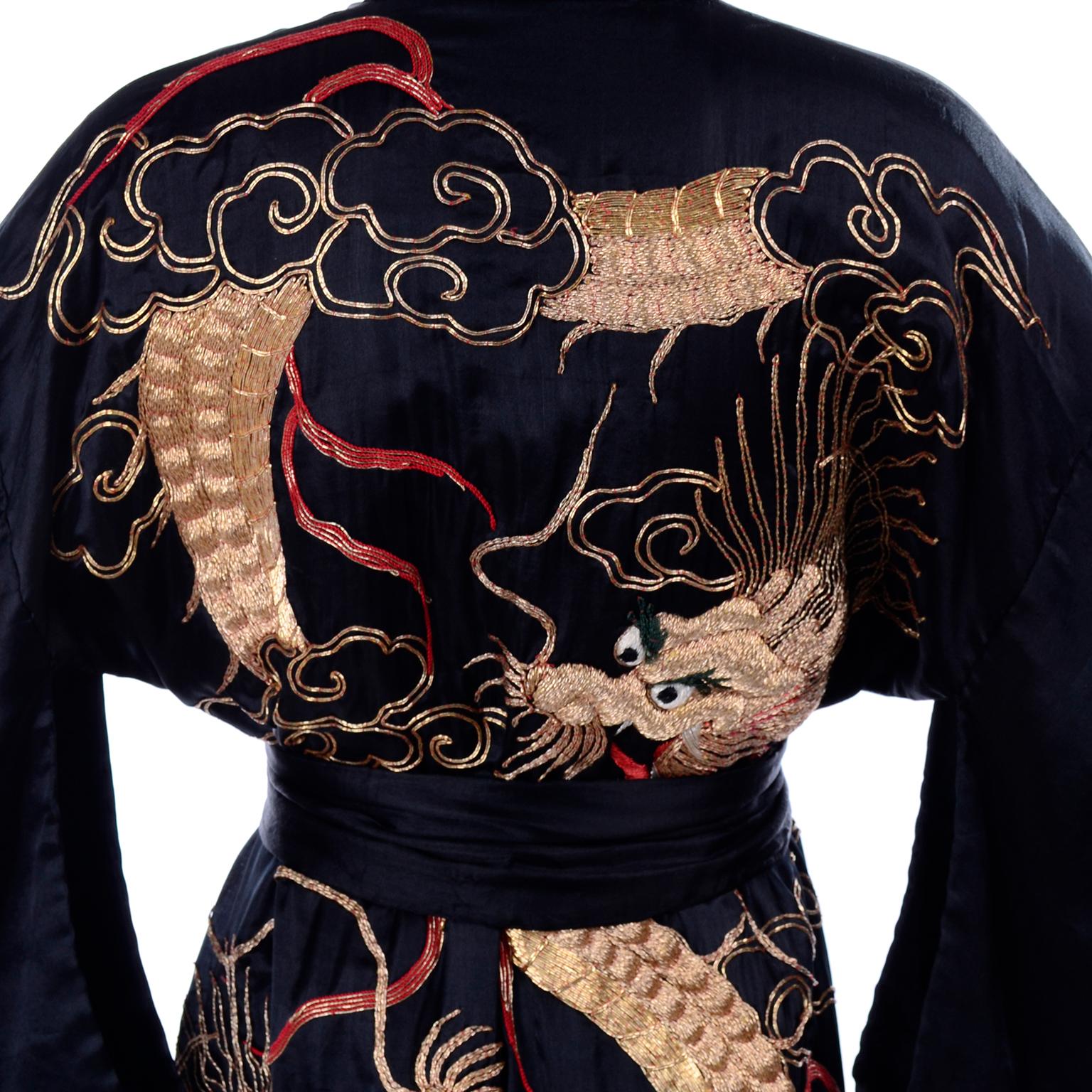 Vintage Black Silk Kimono W/ Gold Metallic Chinese Dragons Clouds & Lightning 4