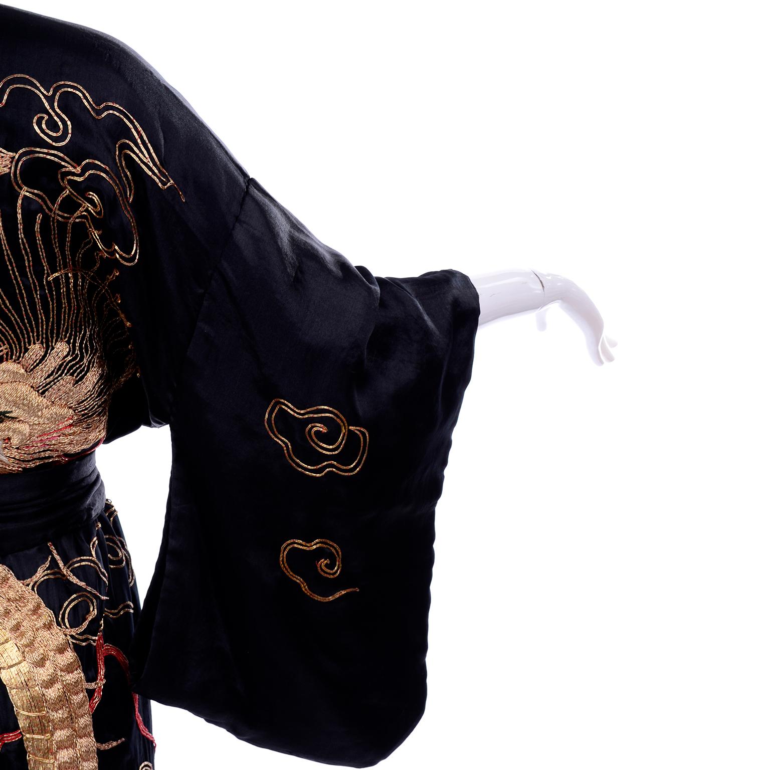 Vintage Black Silk Kimono W/ Gold Metallic Chinese Dragons Clouds & Lightning 5