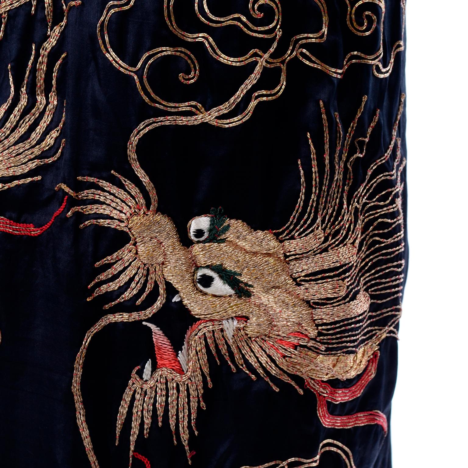 Vintage Black Silk Kimono W/ Gold Metallic Chinese Dragons Clouds & Lightning 6