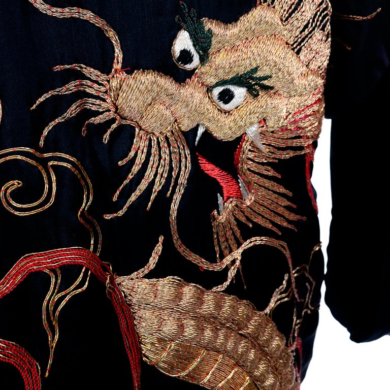 Vintage Black Silk Kimono W/ Gold Metallic Chinese Dragons Clouds and Lightning at 1stDibs