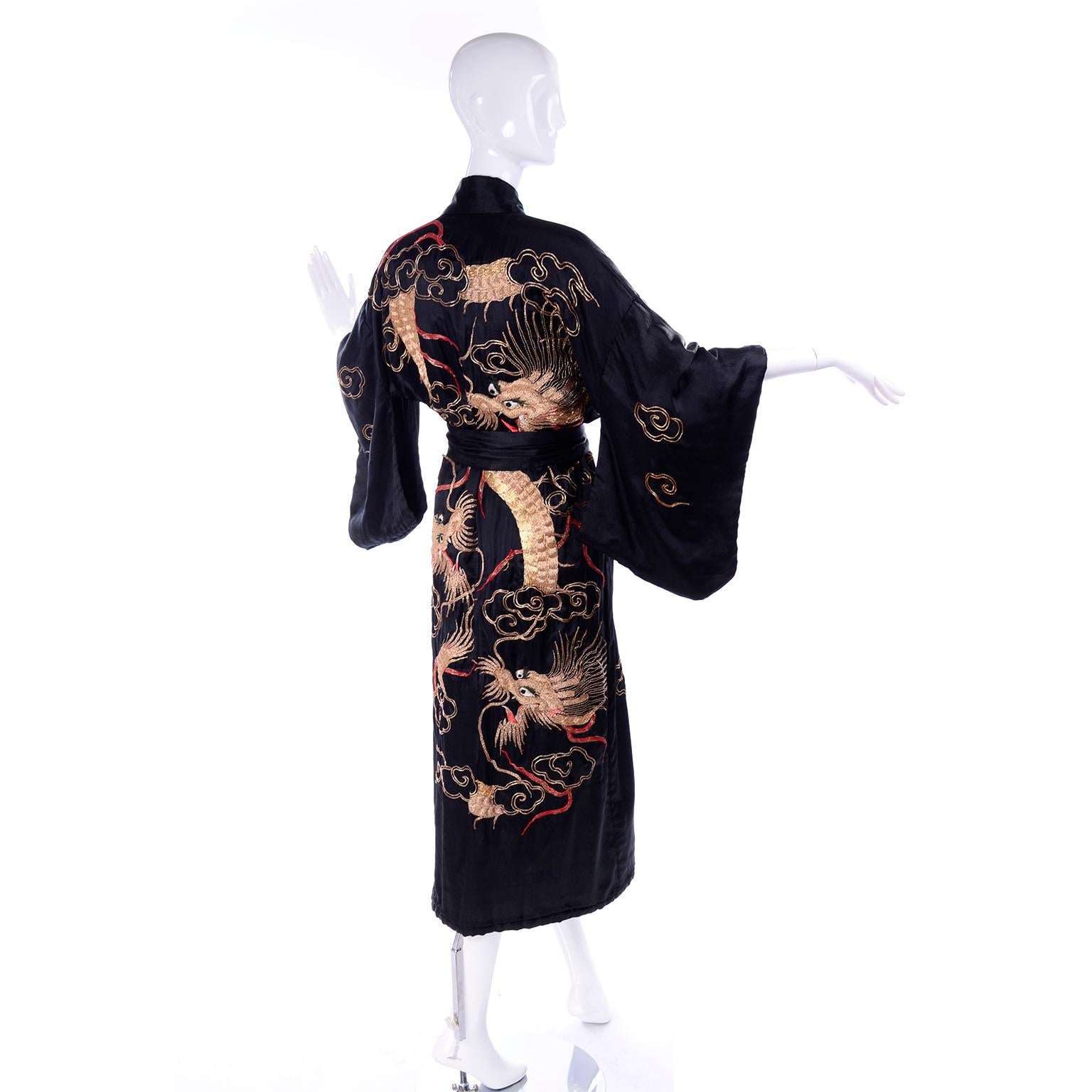 Women's or Men's Vintage Black Silk Kimono W/ Gold Metallic Chinese Dragons Clouds & Lightning