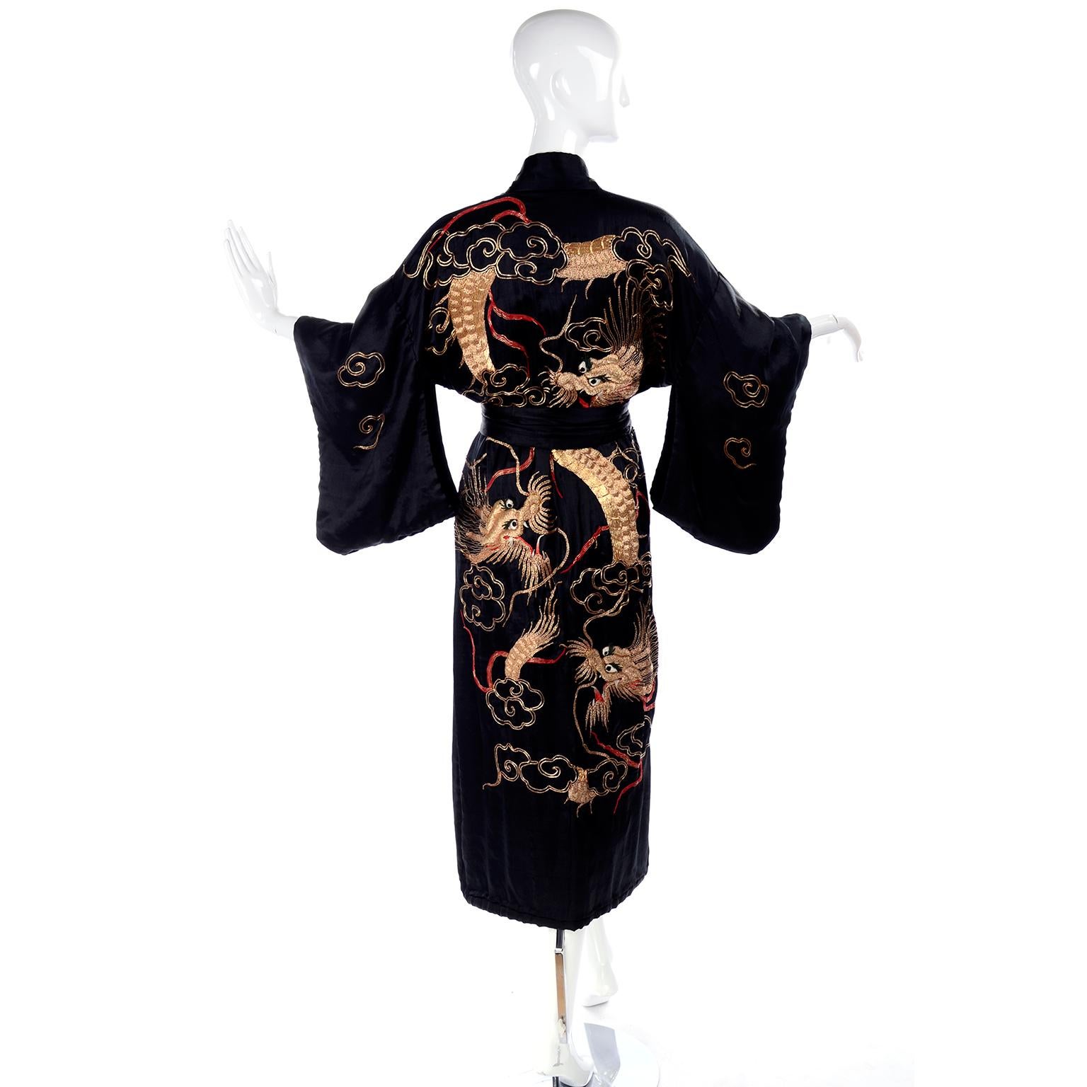 Vintage Black Silk Kimono W/ Gold Metallic Chinese Dragons Clouds & Lightning 1