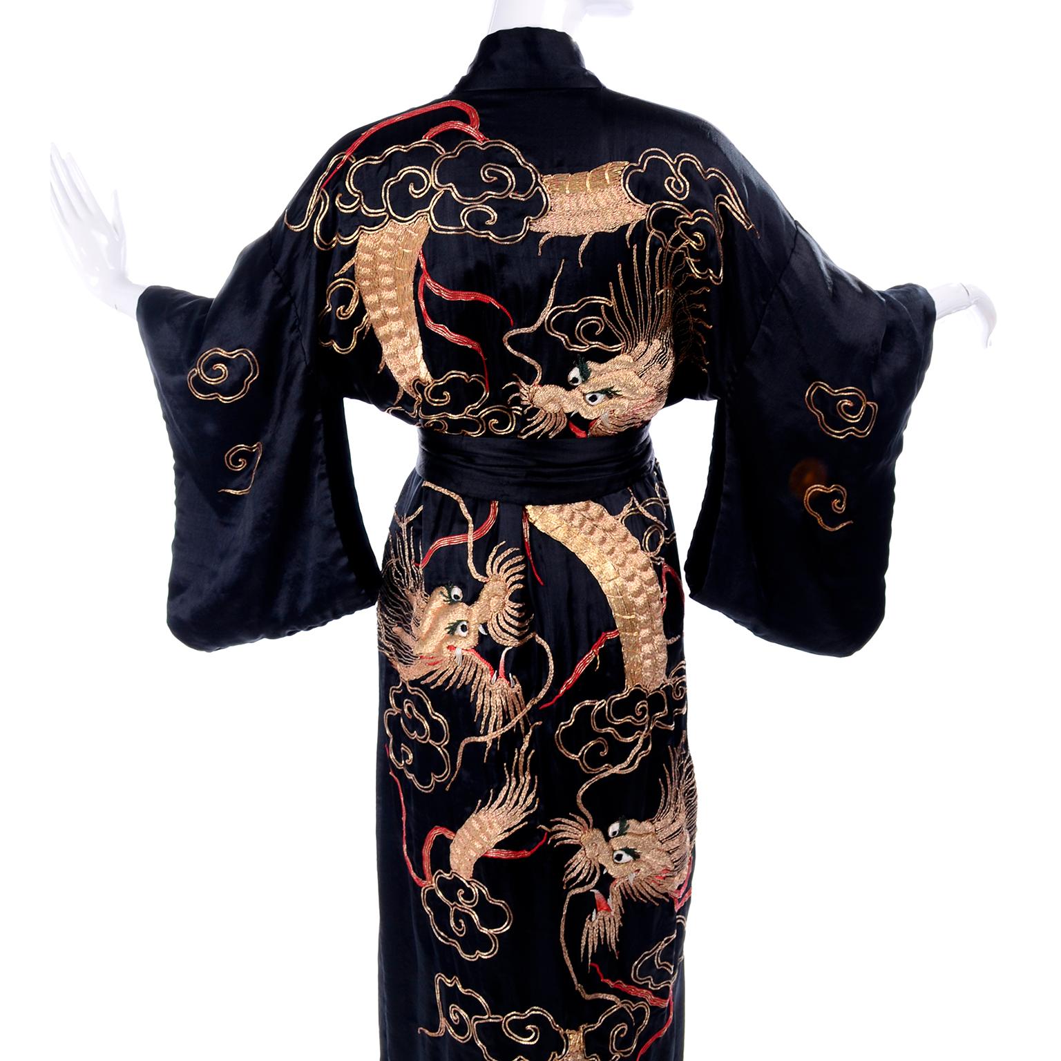 Vintage Black Silk Kimono W/ Gold Metallic Chinese Dragons Clouds & Lightning 2