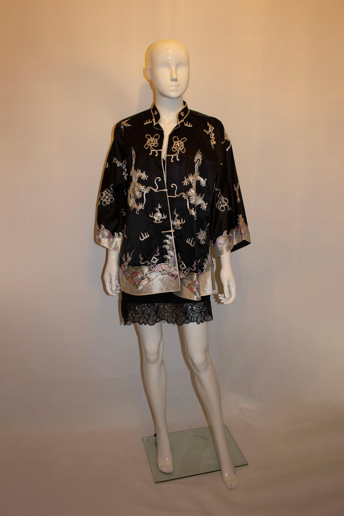 Vintage Black Silk Satin Embroidered Chinese Evening Jacket In Good Condition In London, GB